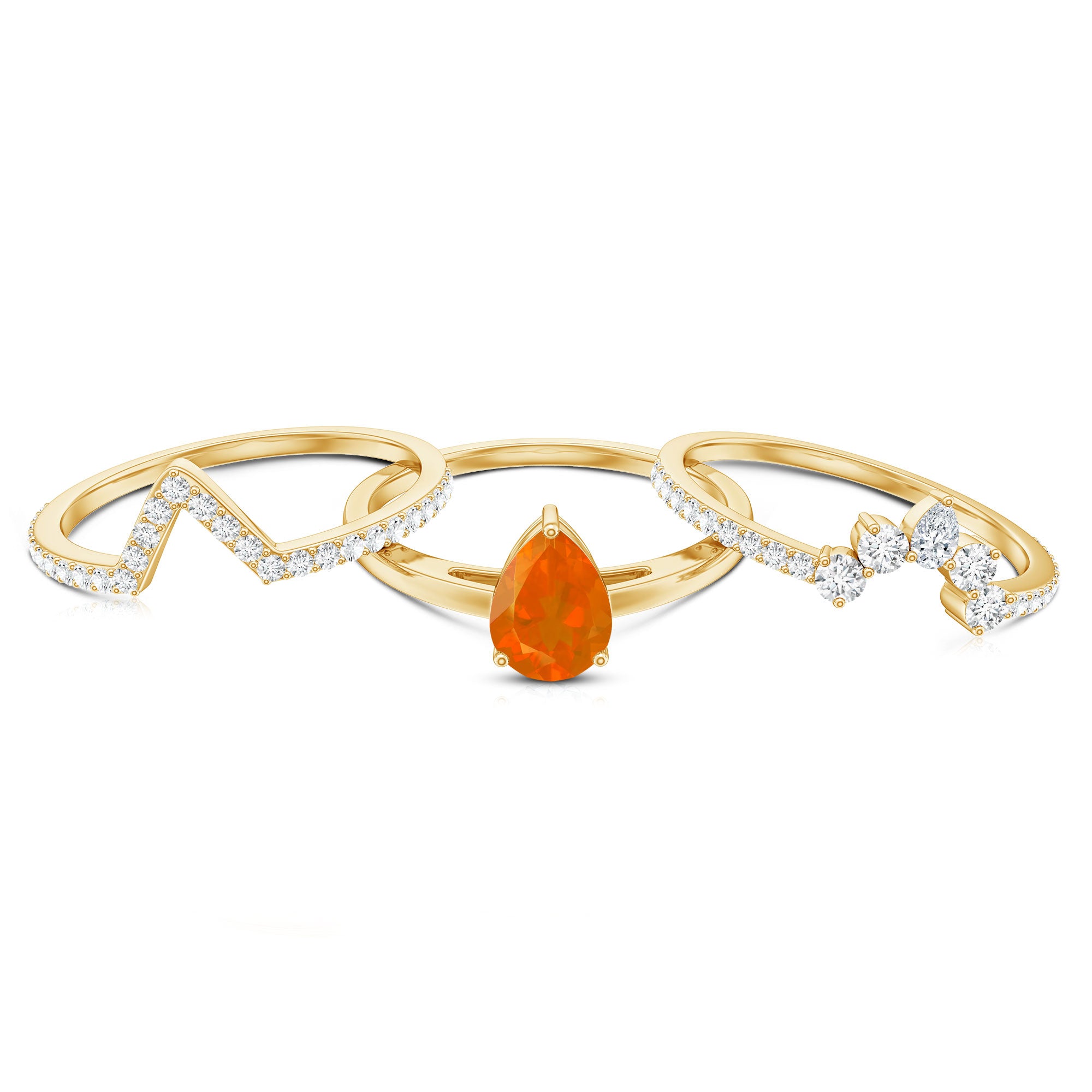 Pear Cut Fire Opal Trio Wedding Ring Set with Moissanite AAA - Rosec Jewels