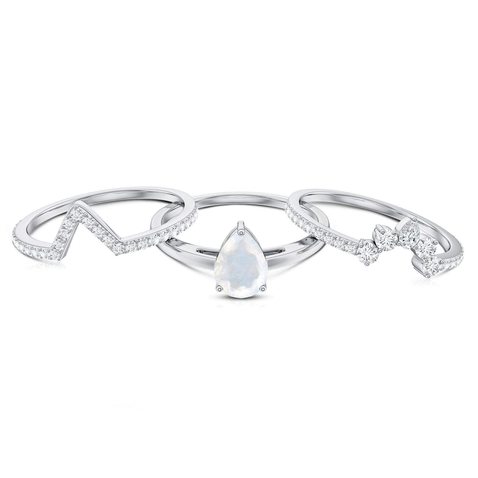 Pear Cut Moonstone Trio Wedding Ring Set with Moissanite AAA - Rosec Jewels