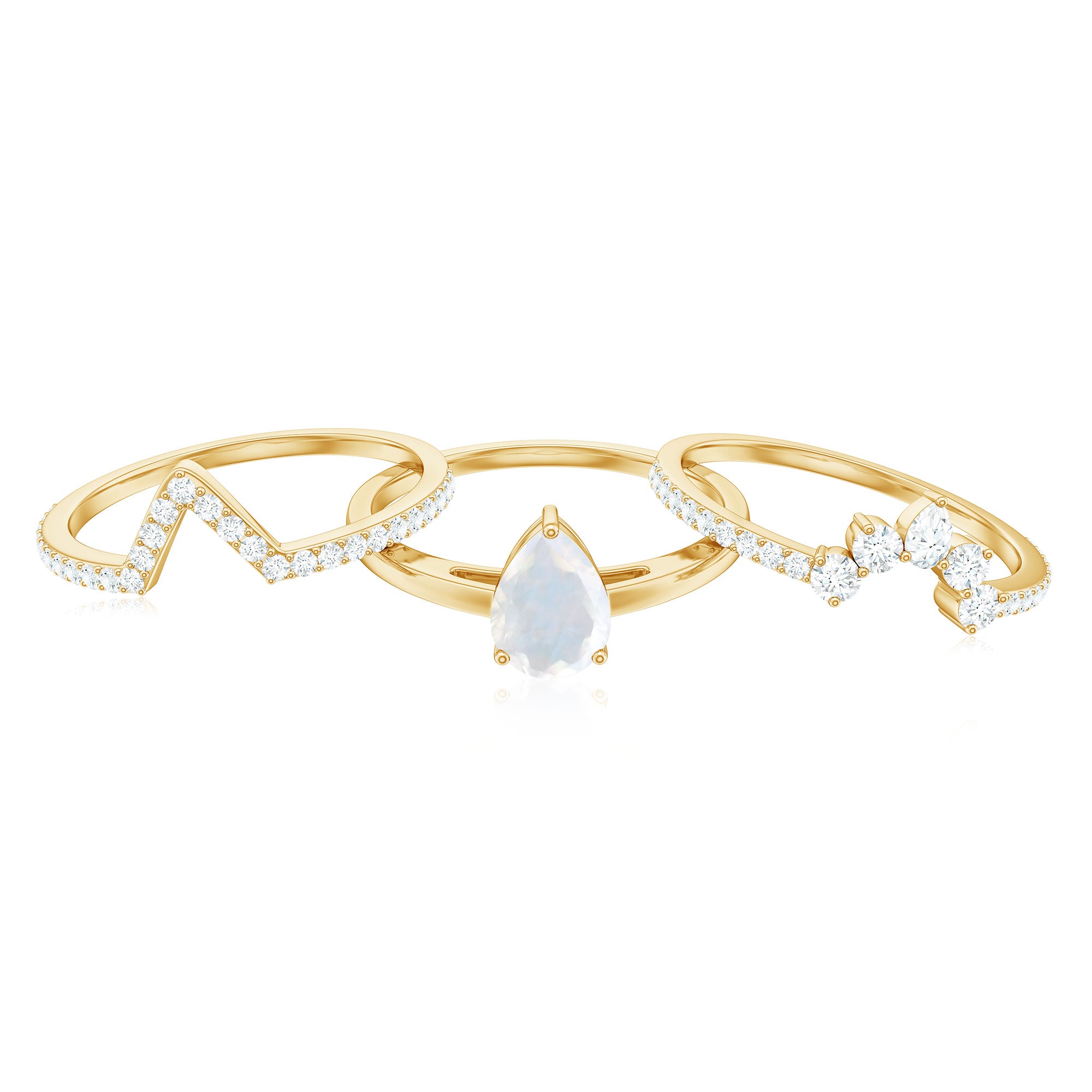 Pear Cut Moonstone Trio Wedding Ring Set with Moissanite AAA - Rosec Jewels