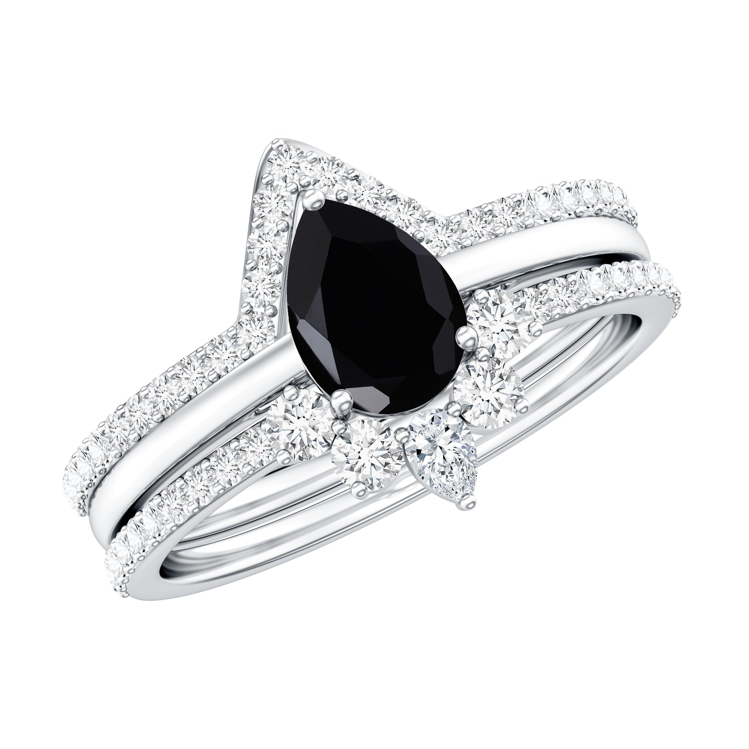 1 Carat Pear Shaped Black Onyx Engagement Ring With Ring Guards AAA - Rosec Jewels