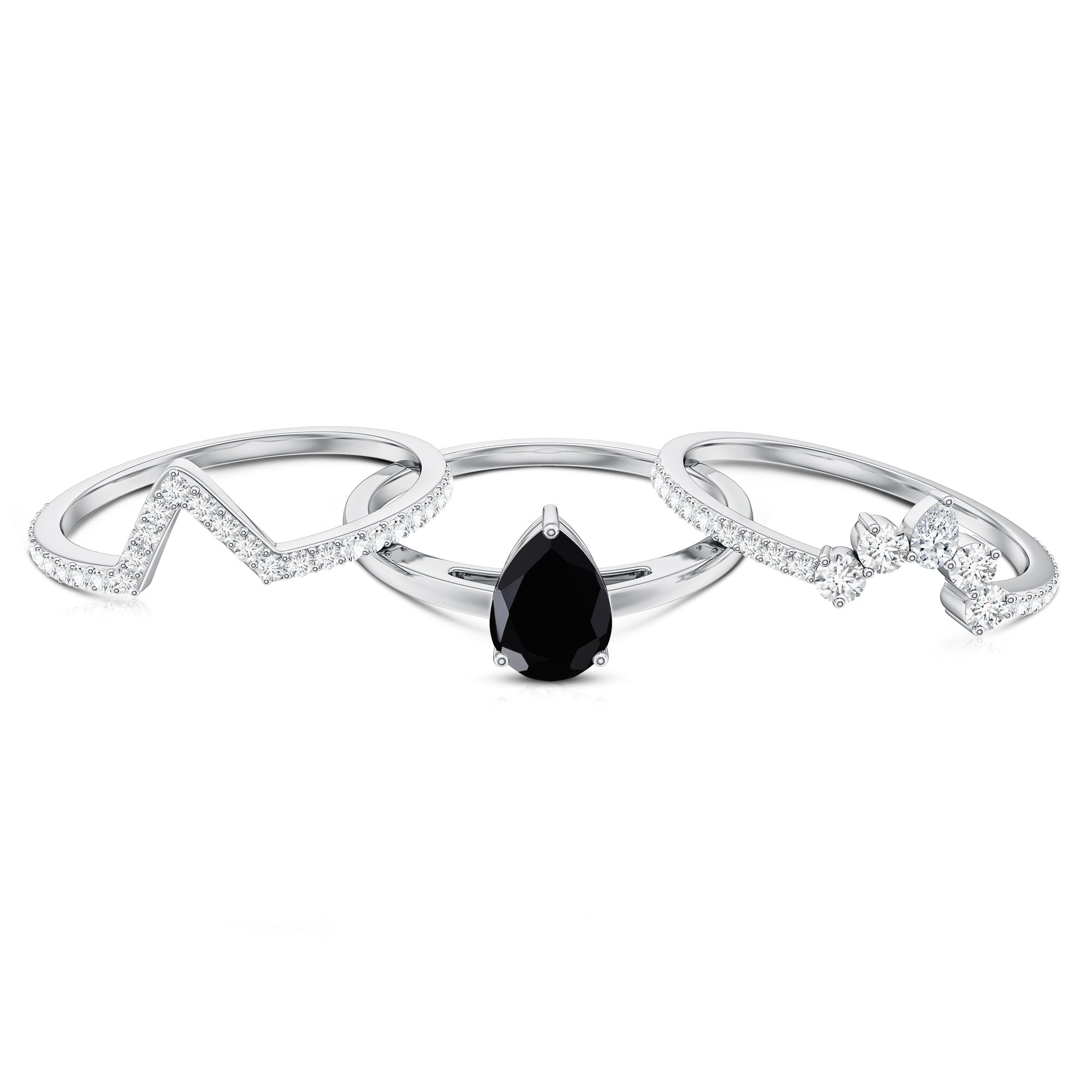 1 Carat Pear Shaped Black Onyx Engagement Ring With Ring Guards AAA - Rosec Jewels