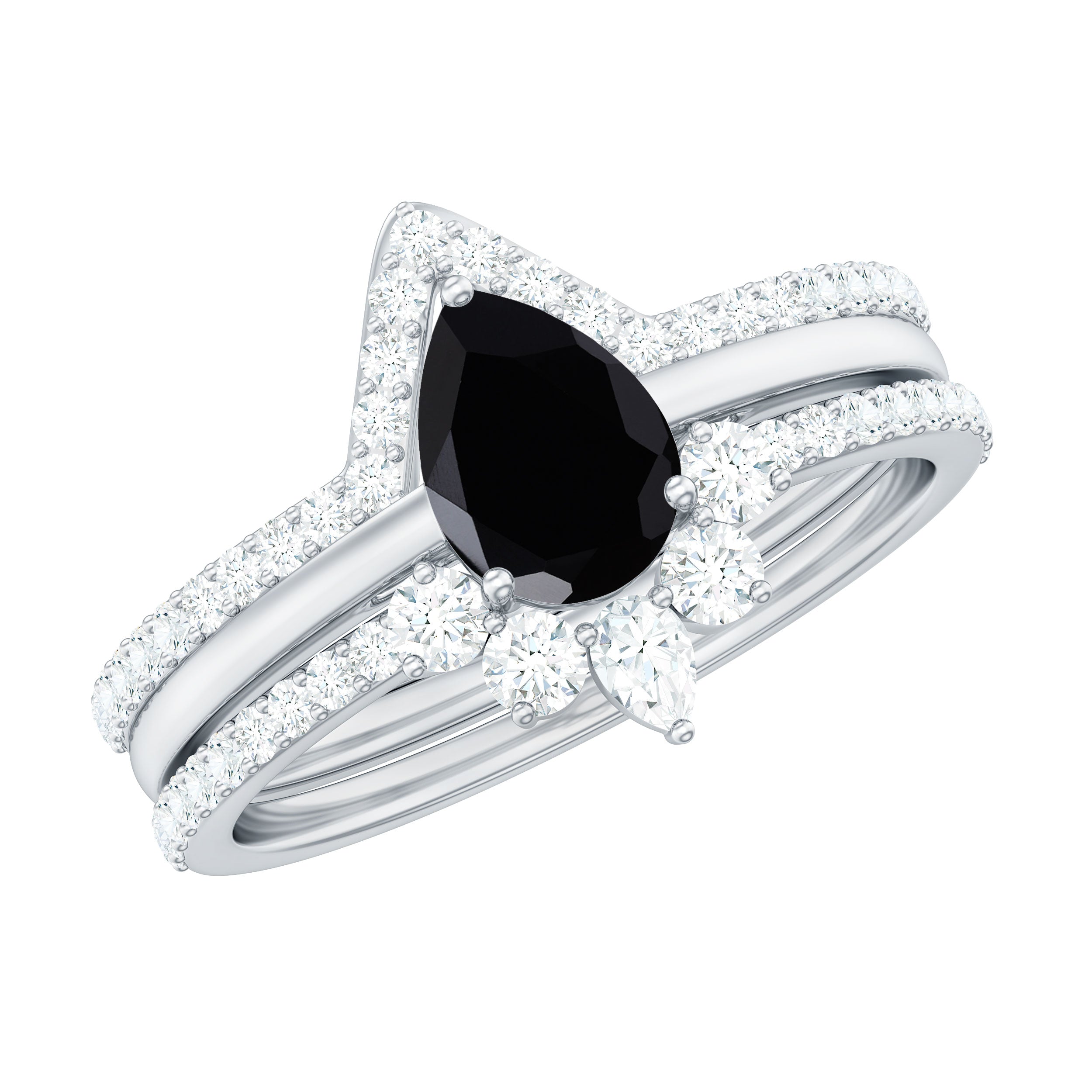 Certified Natural Black Spinel 3 Piece Wedding Ring Set with Moissanite AAA - Rosec Jewels