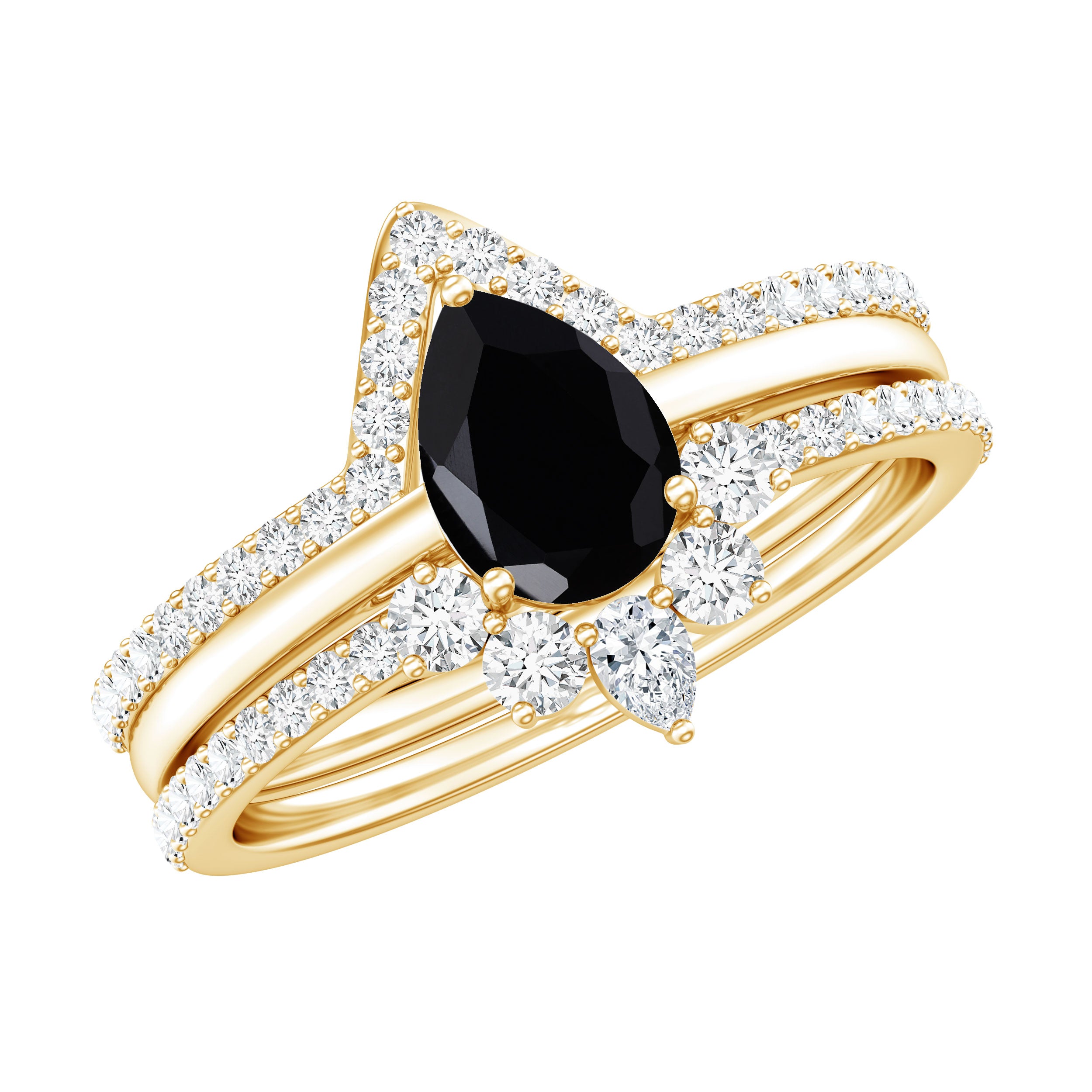 Certified 0.6 Carat Natural Black Spinel 3 Piece Wedding Ring Set with Moissanite AAA - Rosec Jewels