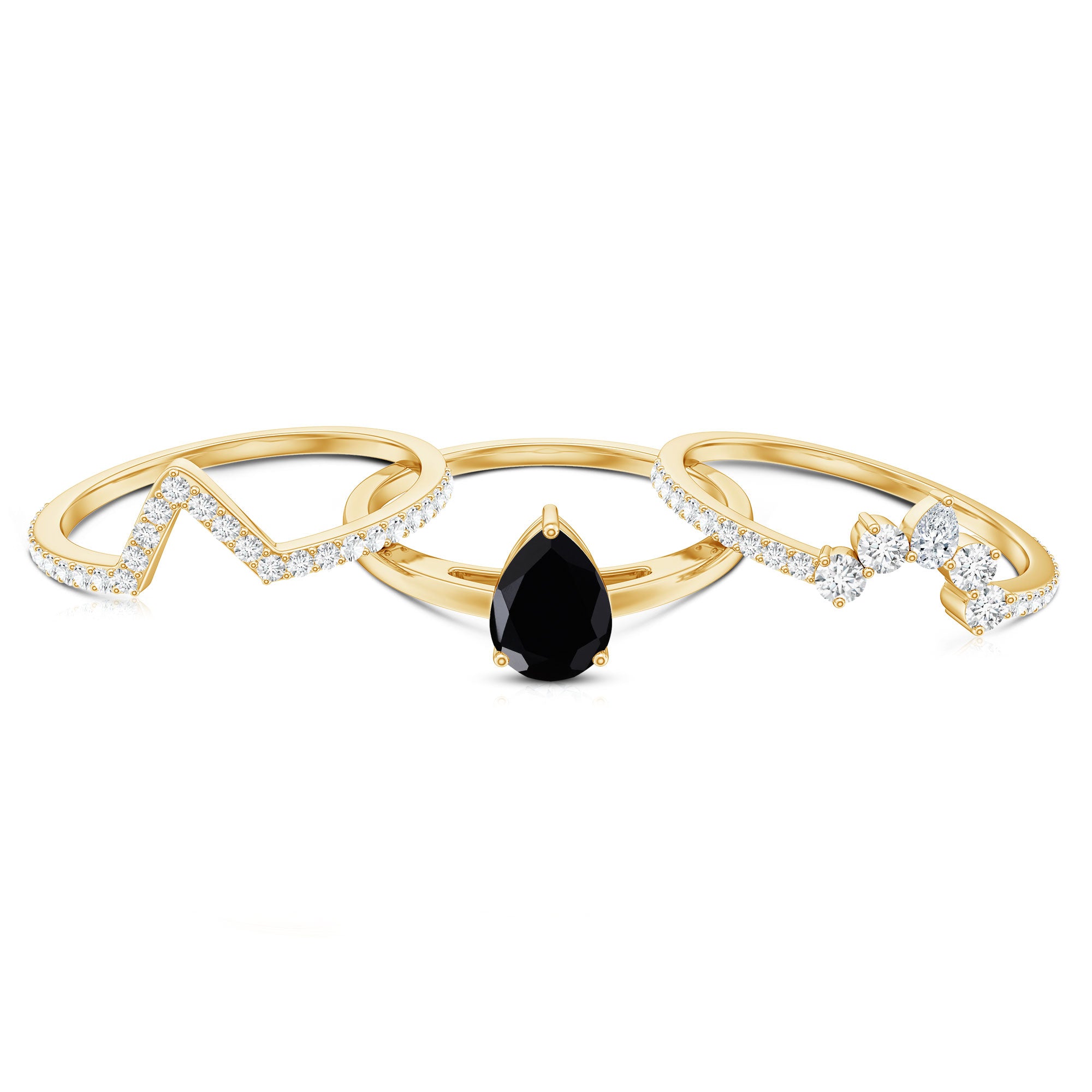 Certified 0.6 Carat Natural Black Spinel 3 Piece Wedding Ring Set with Moissanite AAA - Rosec Jewels
