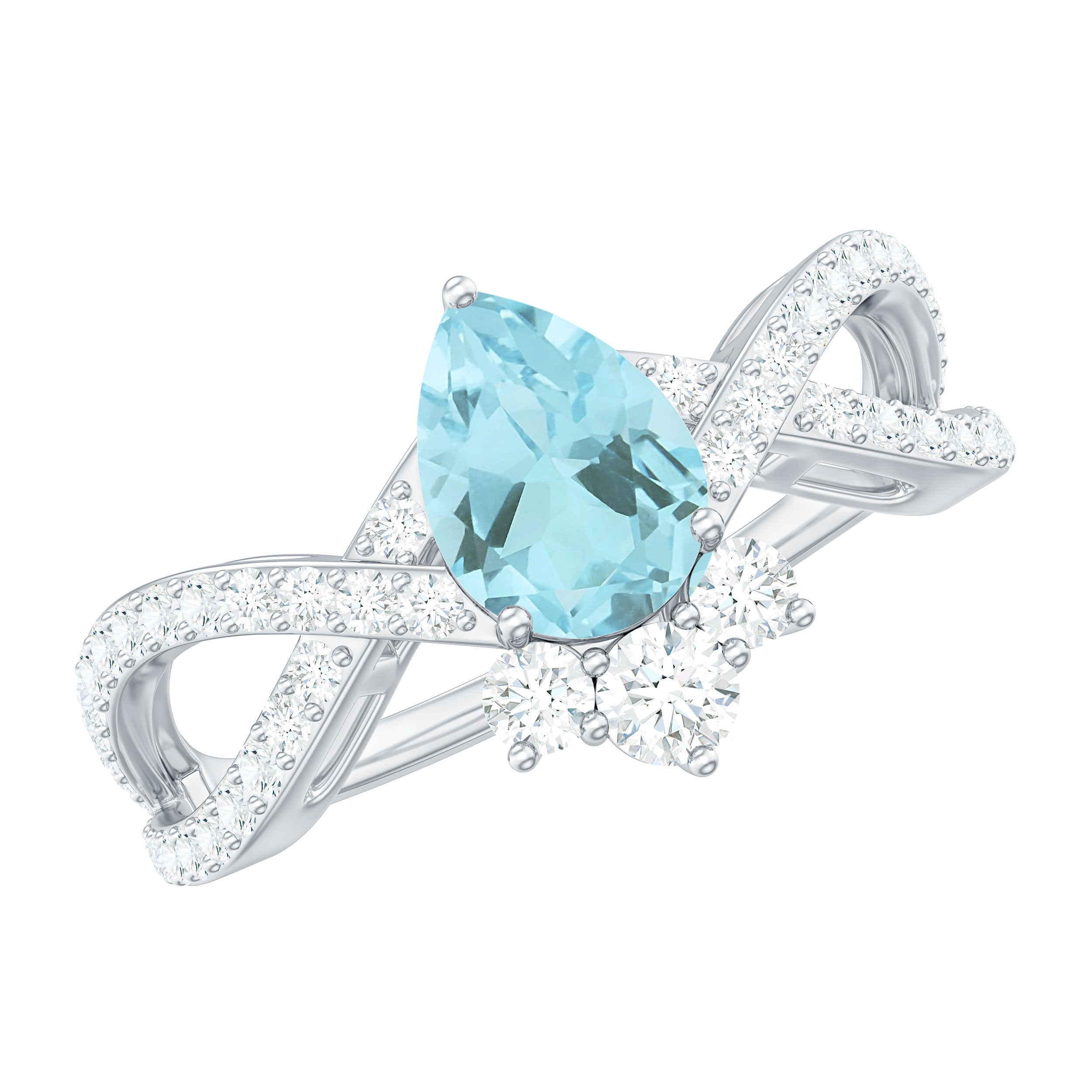 Pear Cut Sky Blue Topaz Designer Crossover Engagement Ring with Diamond