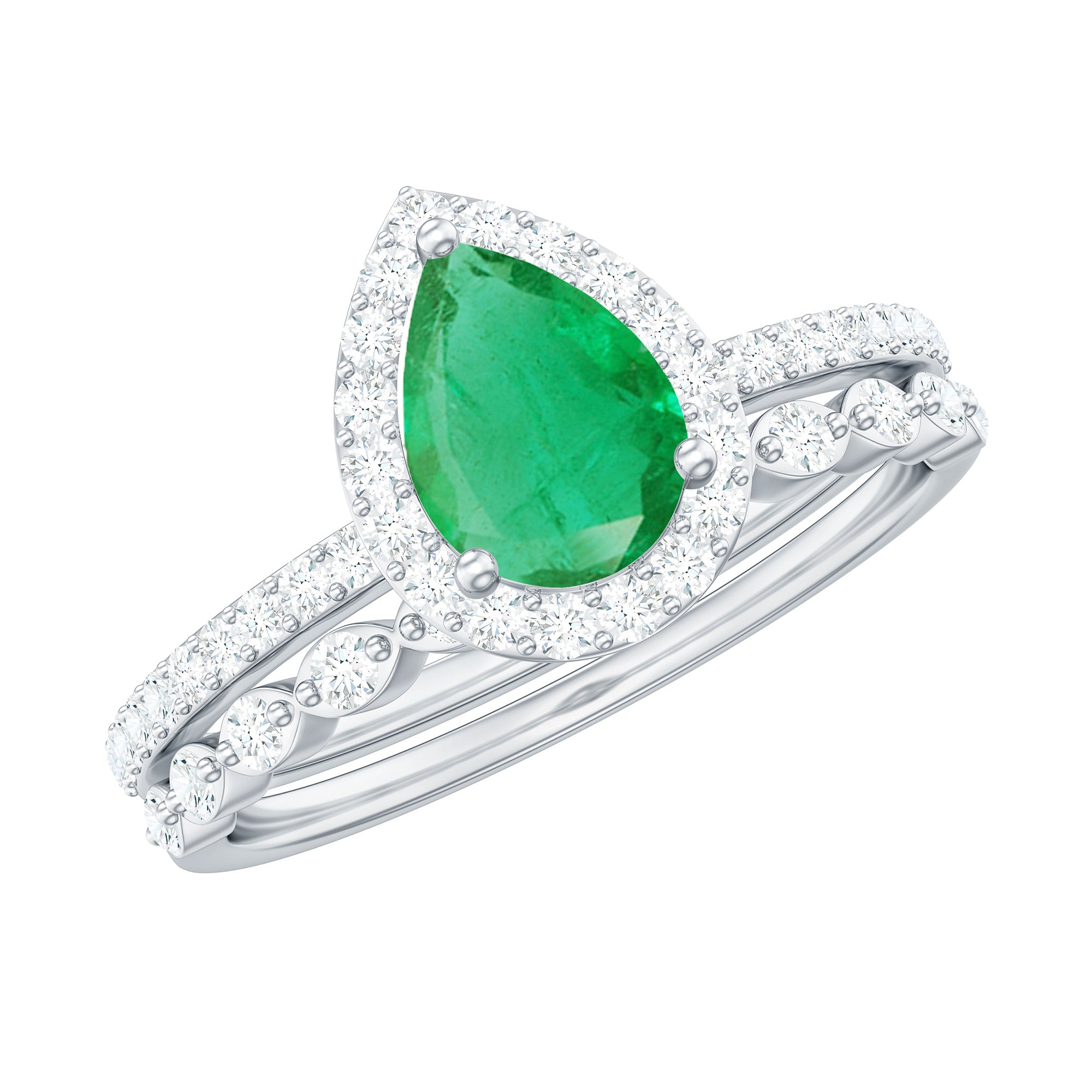 Natural Emerald Diamond Teardrop Engagement Ring and Wedding Band Set AAA - Rosec Jewels