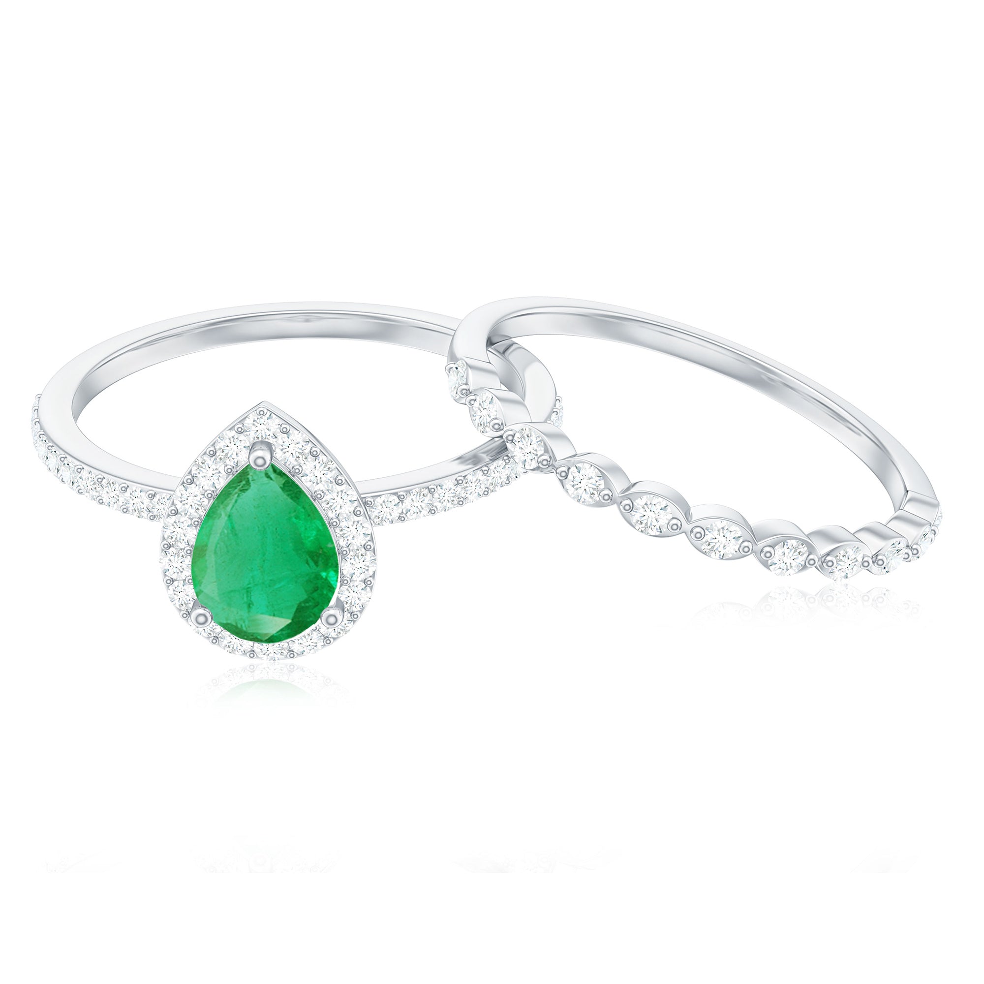 Natural Emerald Diamond Teardrop Engagement Ring and Wedding Band Set AAA - Rosec Jewels