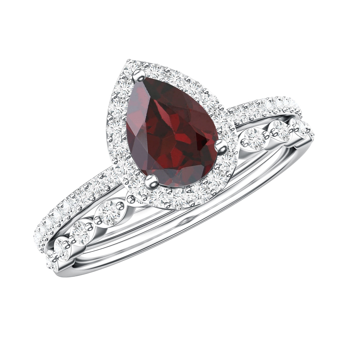 Natural 0.8 Carat Pear Shape Garnet Wedding Engagement Ring Set of 2 AAA - Rosec Jewels