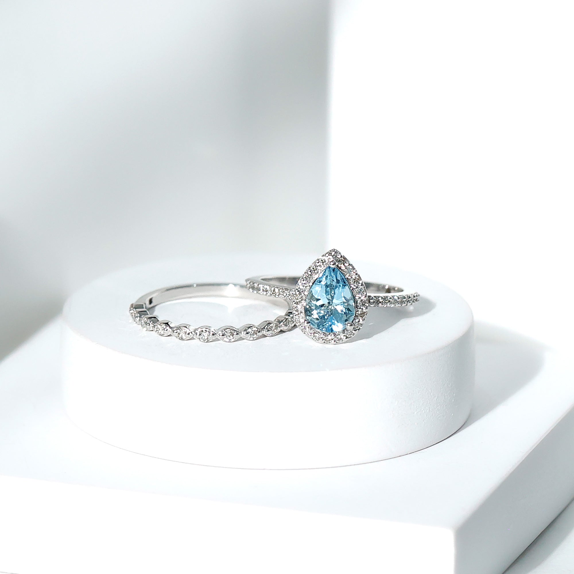 Genuine 1 Carat Aquamarine Bridal Ring Set with Diamond AAA - Rosec Jewels
