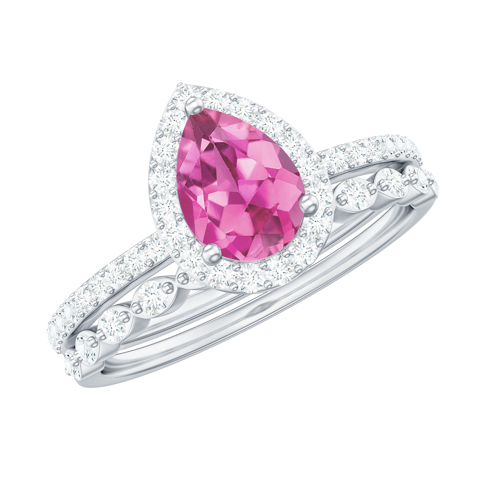 Rosec Jewels-Teardrop Pink tourmaline Bridal Ring Set with Diamond