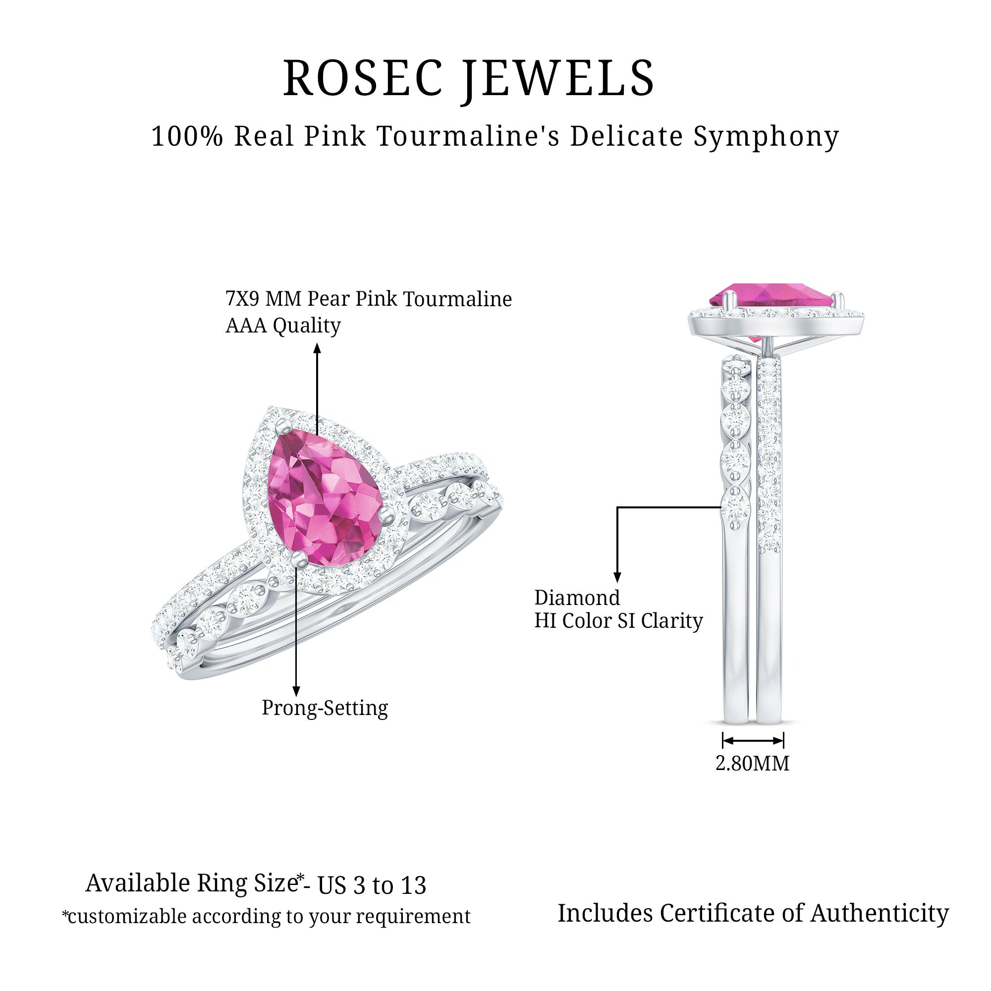 Rosec Jewels-Teardrop Pink tourmaline Bridal Ring Set with Diamond