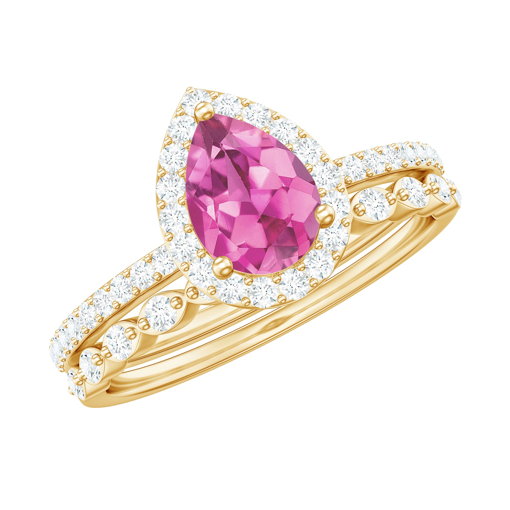 Rosec Jewels-Teardrop Pink tourmaline Bridal Ring Set with Diamond