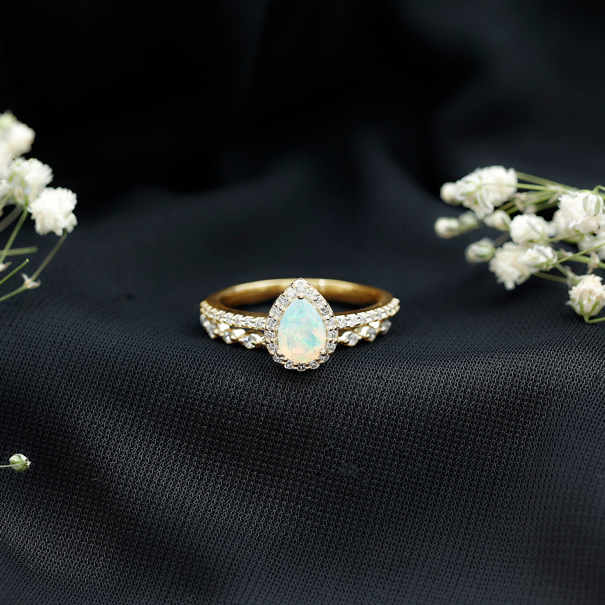 Natural Ethiopian Opal Diamond Pear Shaped Engagement Ring and Wedding Band Set AAA - Rosec Jewels