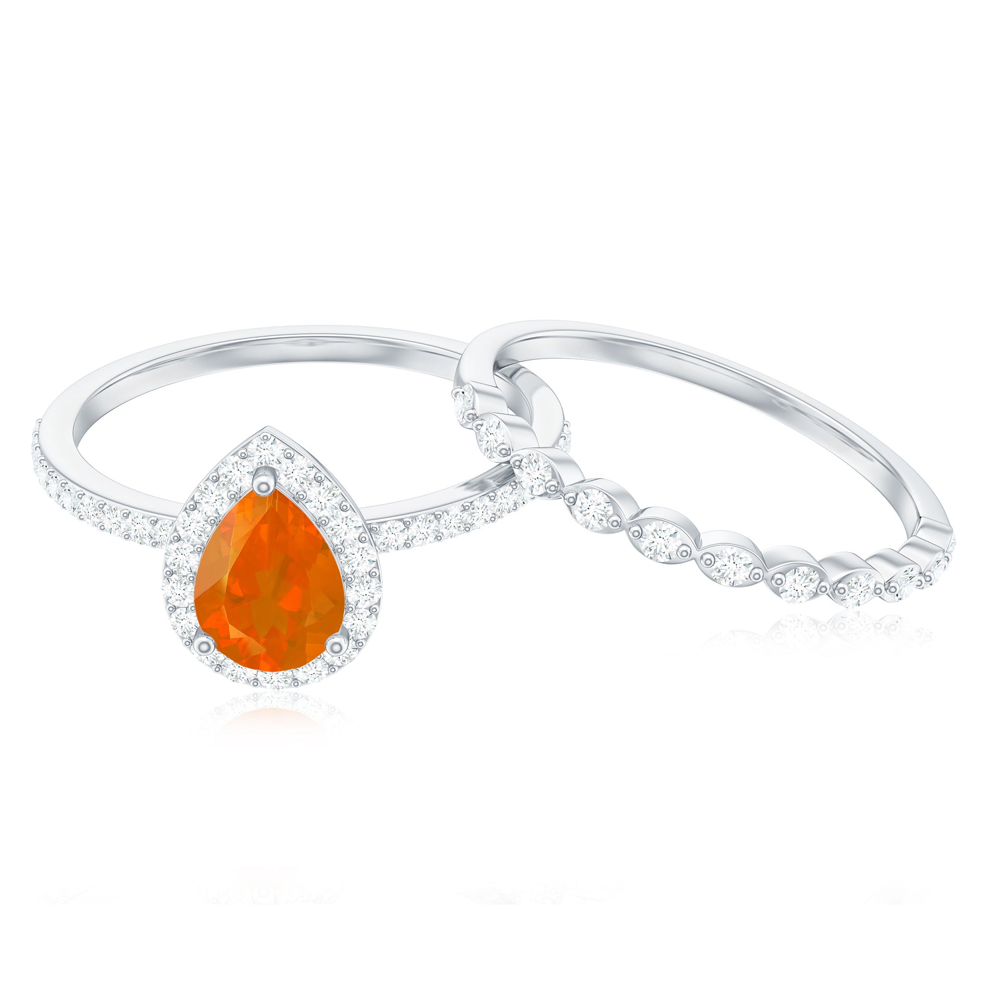 Rosec Jewels-Teardrop Fire Opal Bridal Ring Set with Diamond