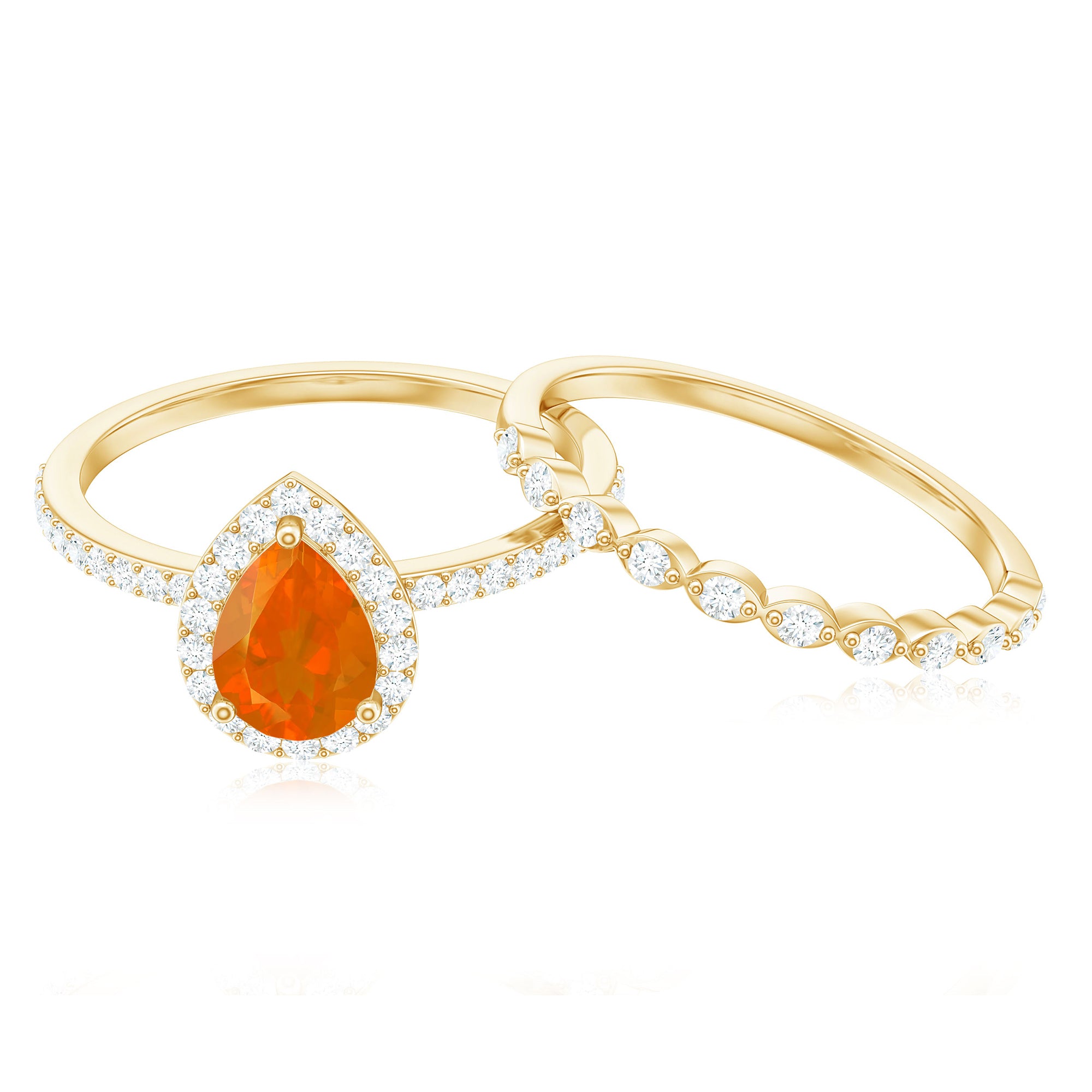 Rosec Jewels-Teardrop Fire Opal Bridal Ring Set with Diamond