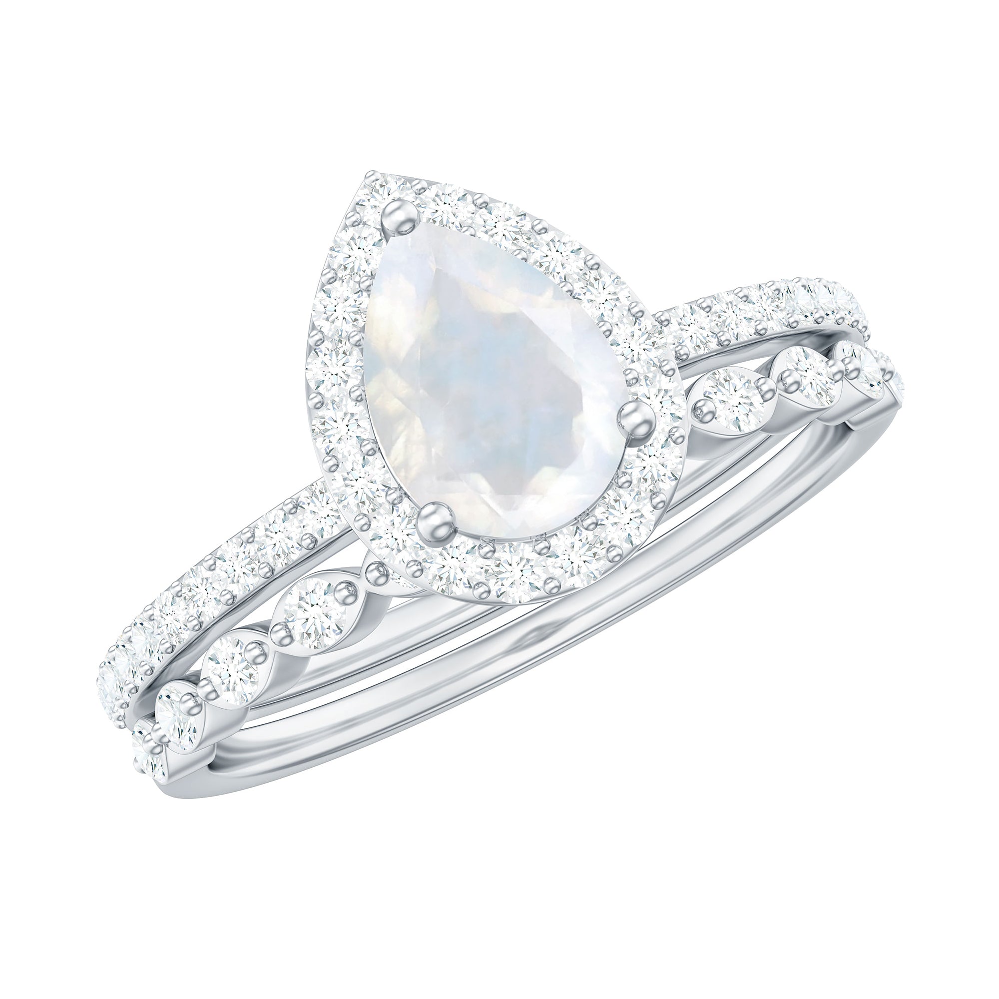 Teardrop Moonstone Bridal Ring Set with Diamond AAA - Rosec Jewels