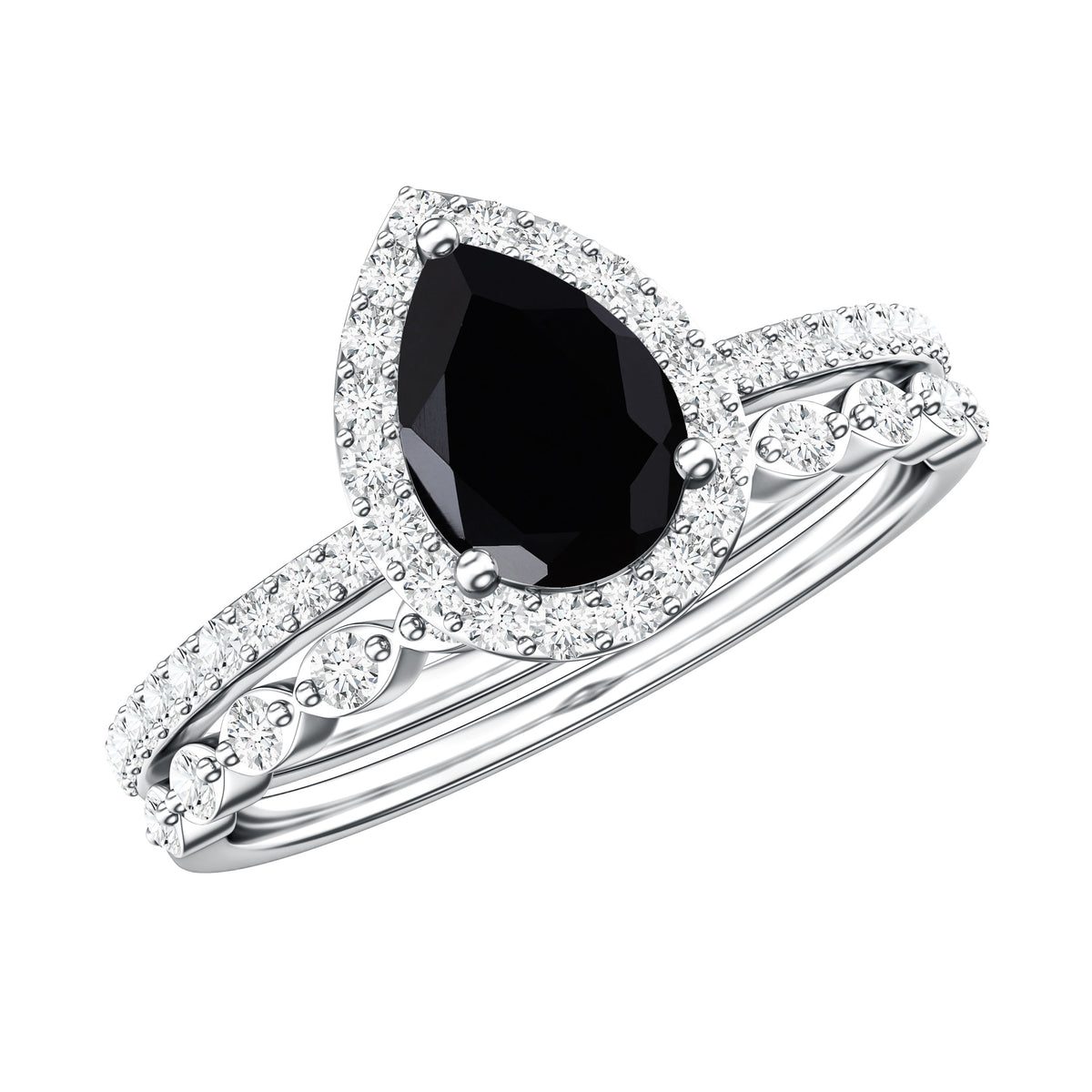 Natural 0.6 Carat Pear Shape Black Spinel Diamond Wedding Engagement Ring Set of 2 AAA - Rosec Jewels