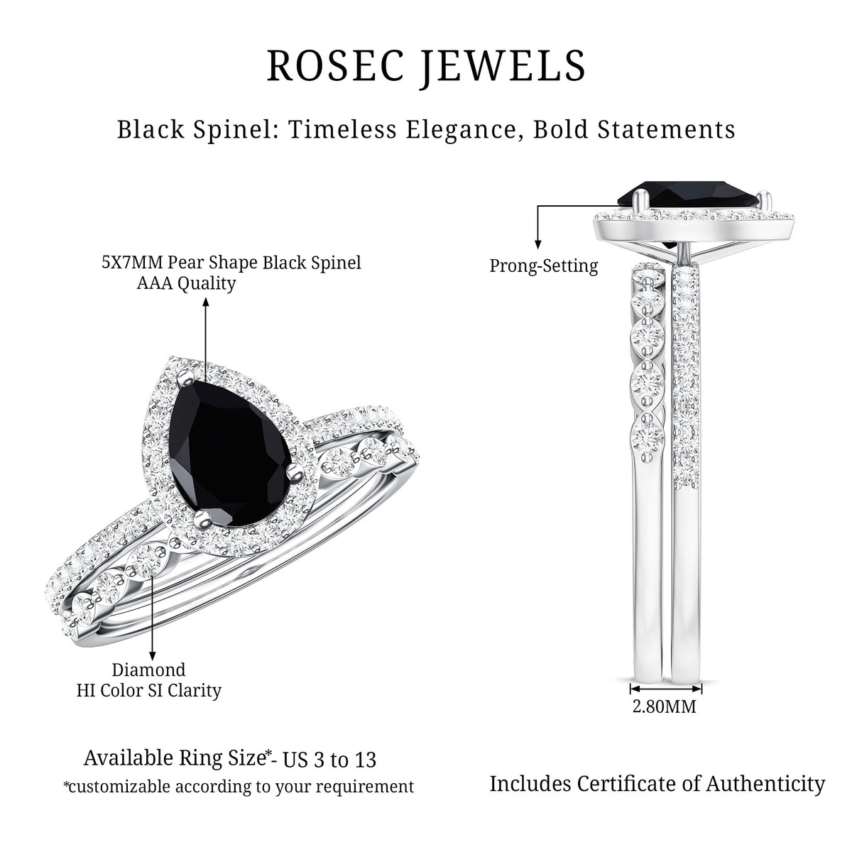 Natural 0.6 Carat Pear Shape Black Spinel Diamond Wedding Engagement Ring Set of 2 AAA - Rosec Jewels
