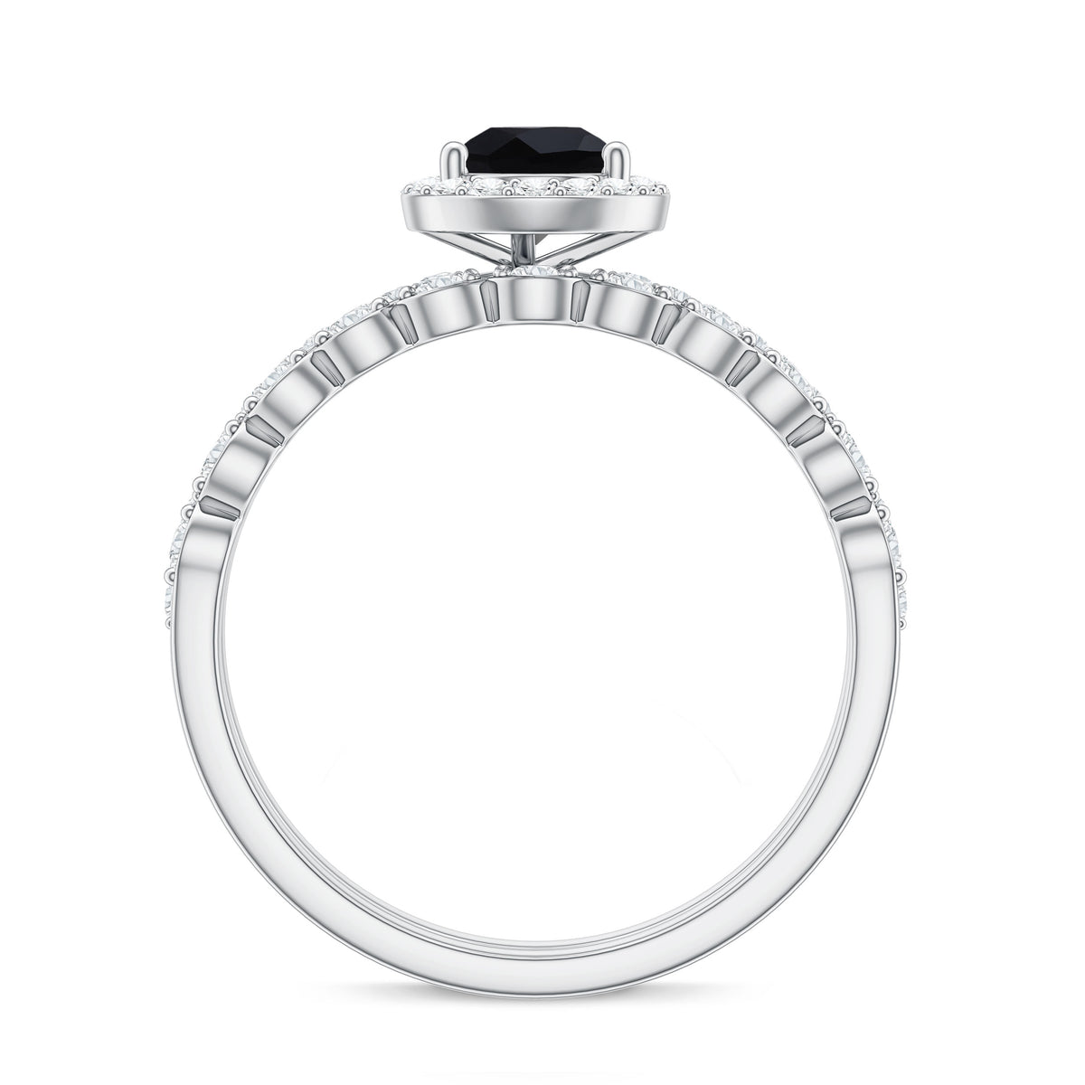Natural 0.6 Carat Pear Shape Black Spinel Diamond Wedding Engagement Ring Set of 2 AAA - Rosec Jewels