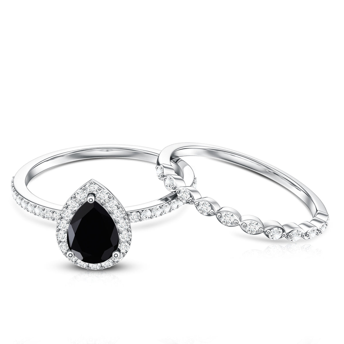 Natural 0.6 Carat Pear Shape Black Spinel Diamond Wedding Engagement Ring Set of 2 AAA - Rosec Jewels