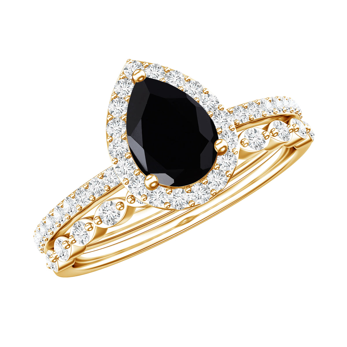 Natural 0.6 Carat Pear Shape Black Spinel Diamond Wedding Engagement Ring Set of 2 AAA - Rosec Jewels