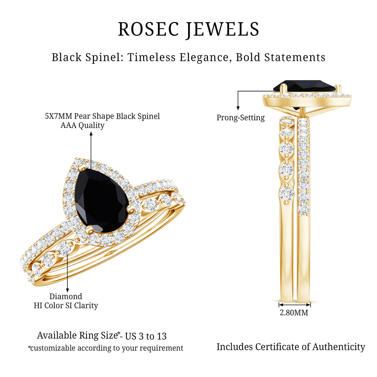 Natural 0.6 Carat Pear Shape Black Spinel Diamond Wedding Engagement Ring Set of 2 AAA - Rosec Jewels