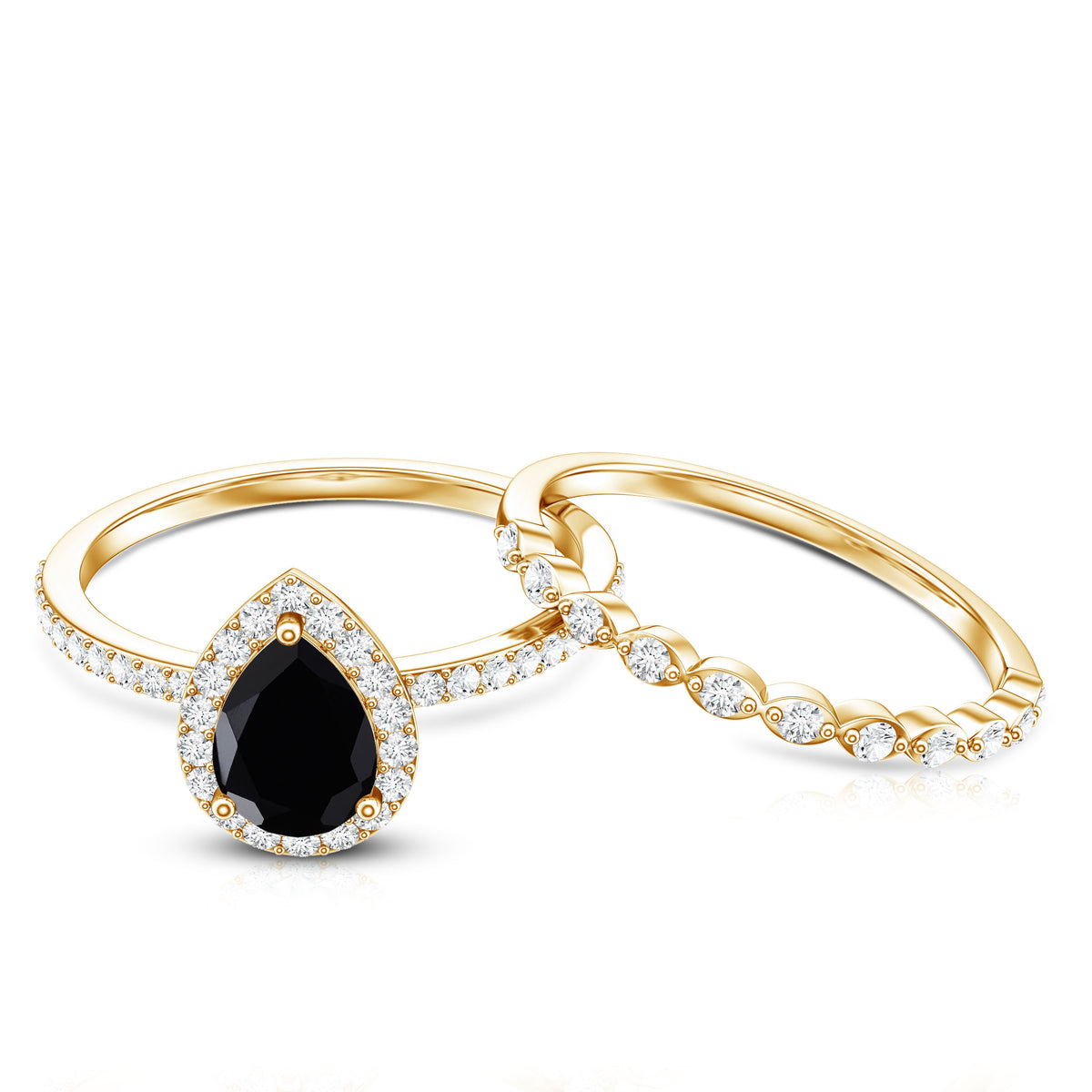 Natural 0.6 Carat Pear Shape Black Spinel Diamond Wedding Engagement Ring Set of 2 AAA - Rosec Jewels