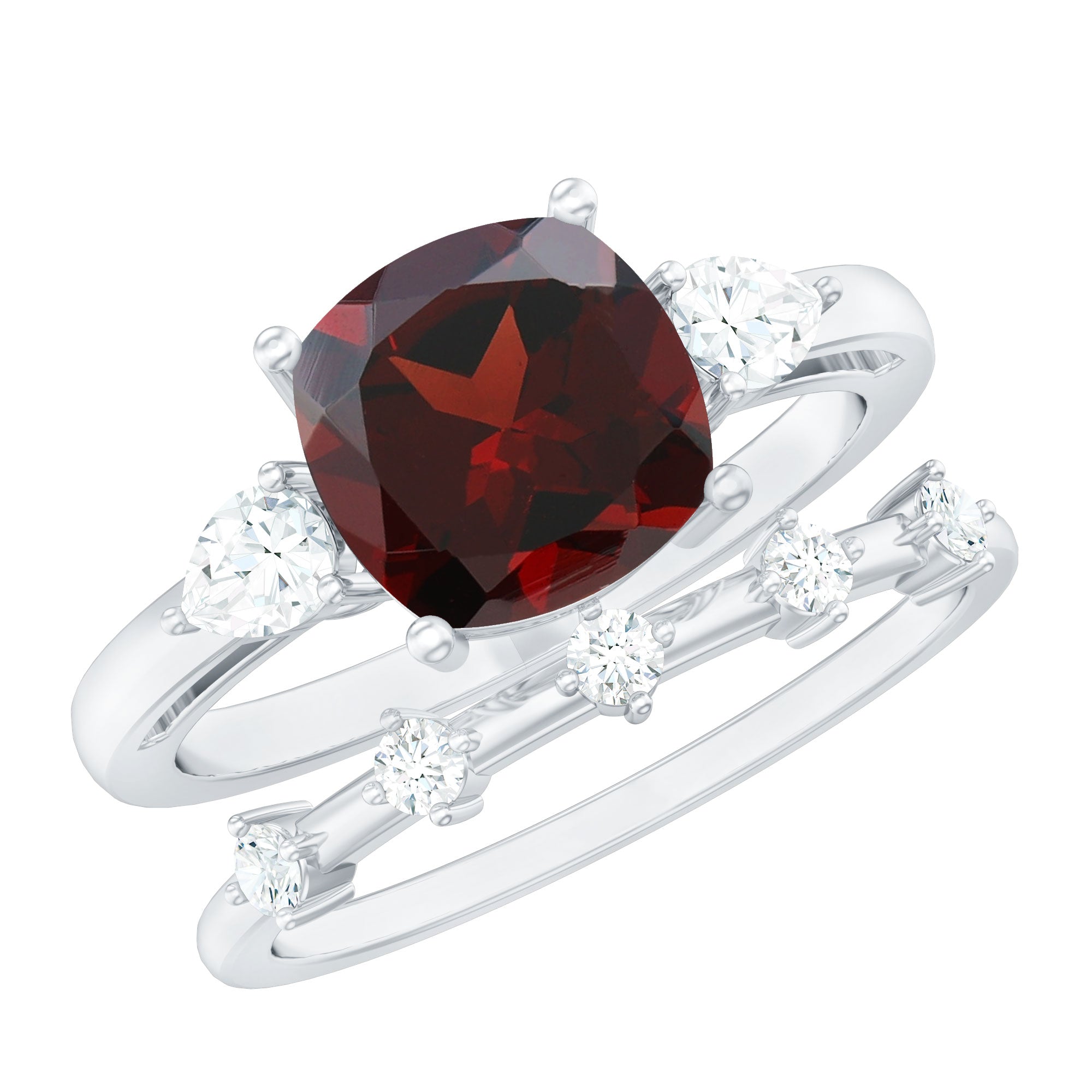 Natural 8 mm Cushion Cut Garnet Diamond Wedding Bridal Ring Set