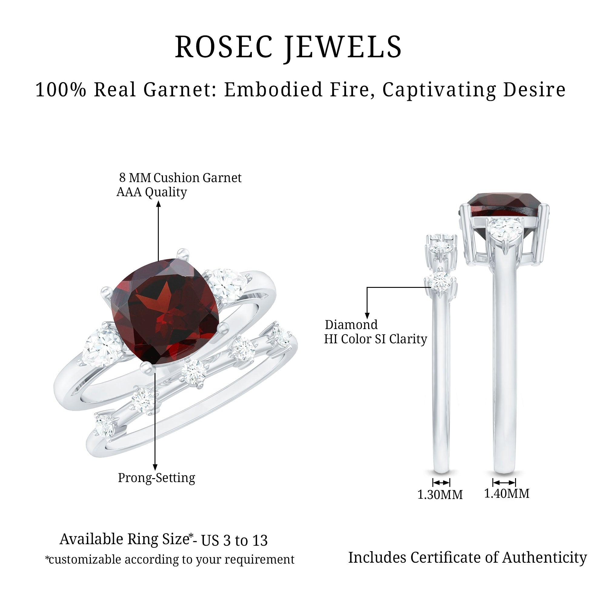 Natural 8 mm Cushion Cut Garnet Diamond Wedding Bridal Ring Set AAA - Rosec Jewels