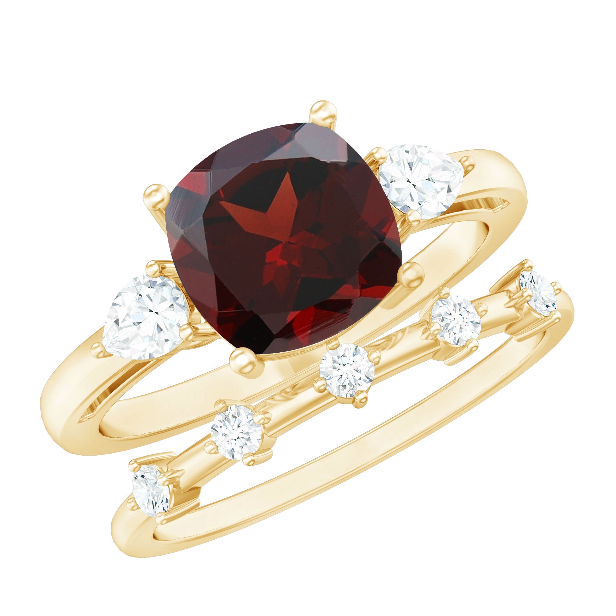 Natural 8 mm Cushion Cut Garnet Diamond Wedding Bridal Ring Set AAA - Rosec Jewels