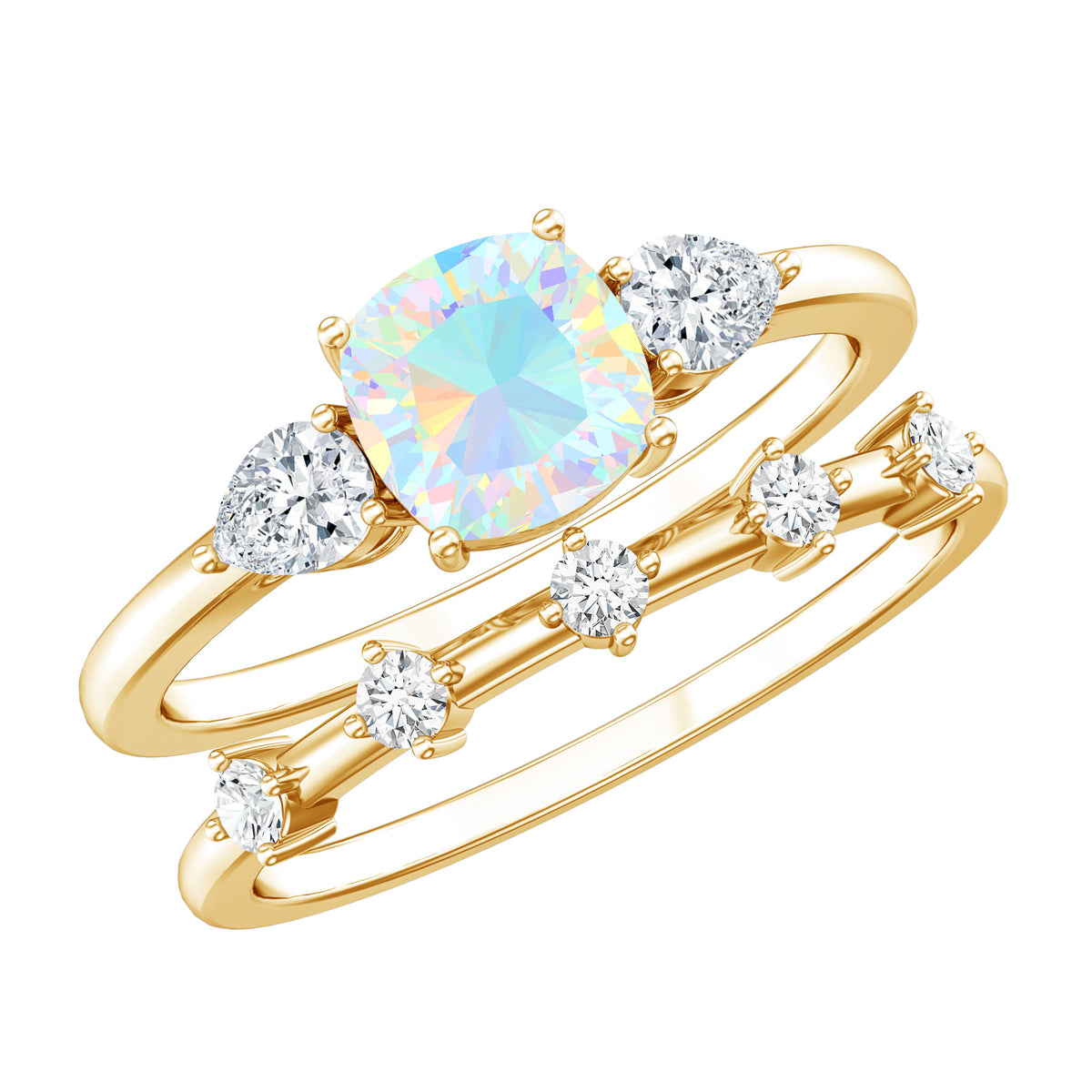 Cushion Cut Real Ethiopian Opal Wedding Ring Set with Diamond AAA - Rosec Jewels