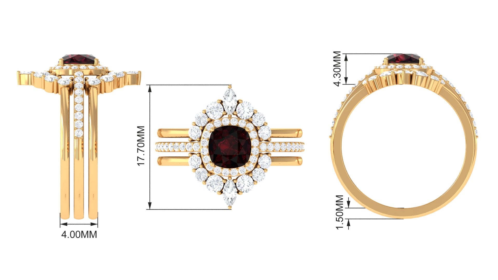 Rosec Jewels-Natural 8mm Cushion Cut Garnet Statement Bridal Ring Set