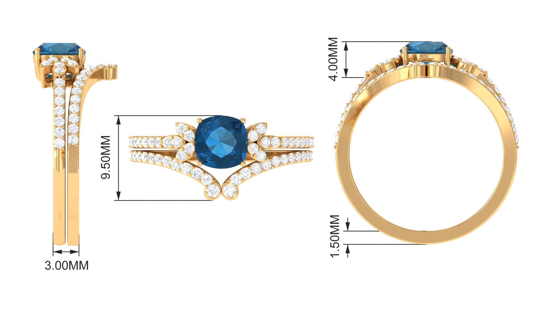 Cushion Cut London Blue Topaz Designer Wedding Ring Set with Diamond Band AAA - Rosec Jewels