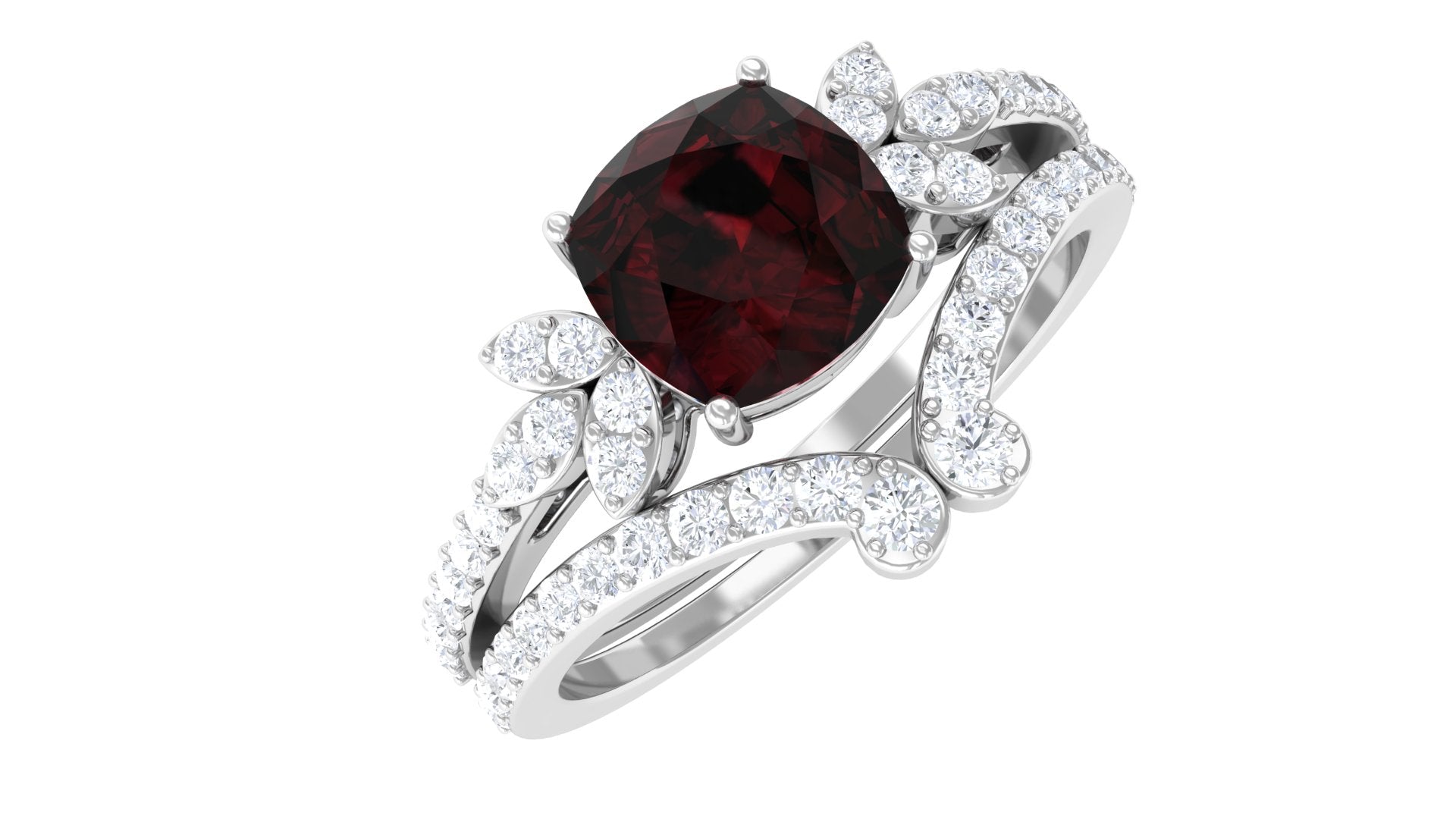 Cushion Cut Garnet and Diamond Designer Wedding Ring Set For Her