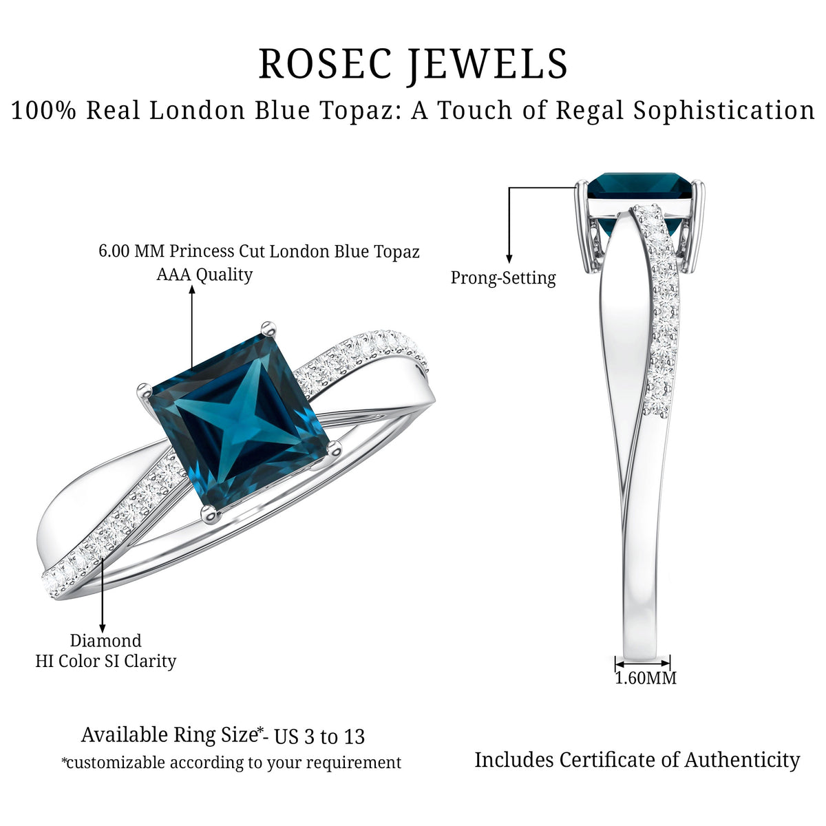 1 Carat Princess Cut London Blue Topaz Solitaire Engagement Ring For Women AAA - Rosec Jewels