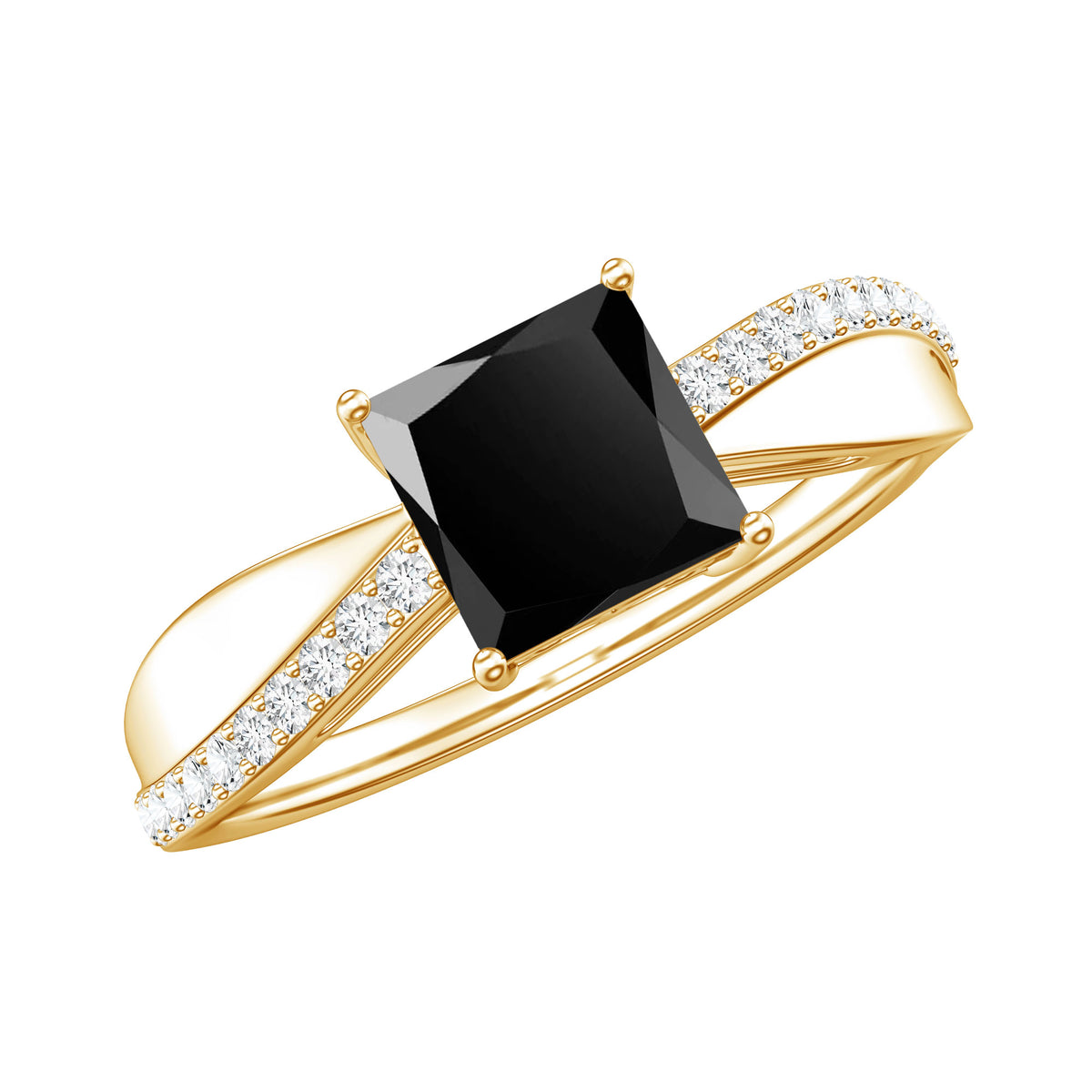 0.5 Carat Princess Cut Black Onyx Solitaire Engagement Ring with Diamond AAA - Rosec Jewels