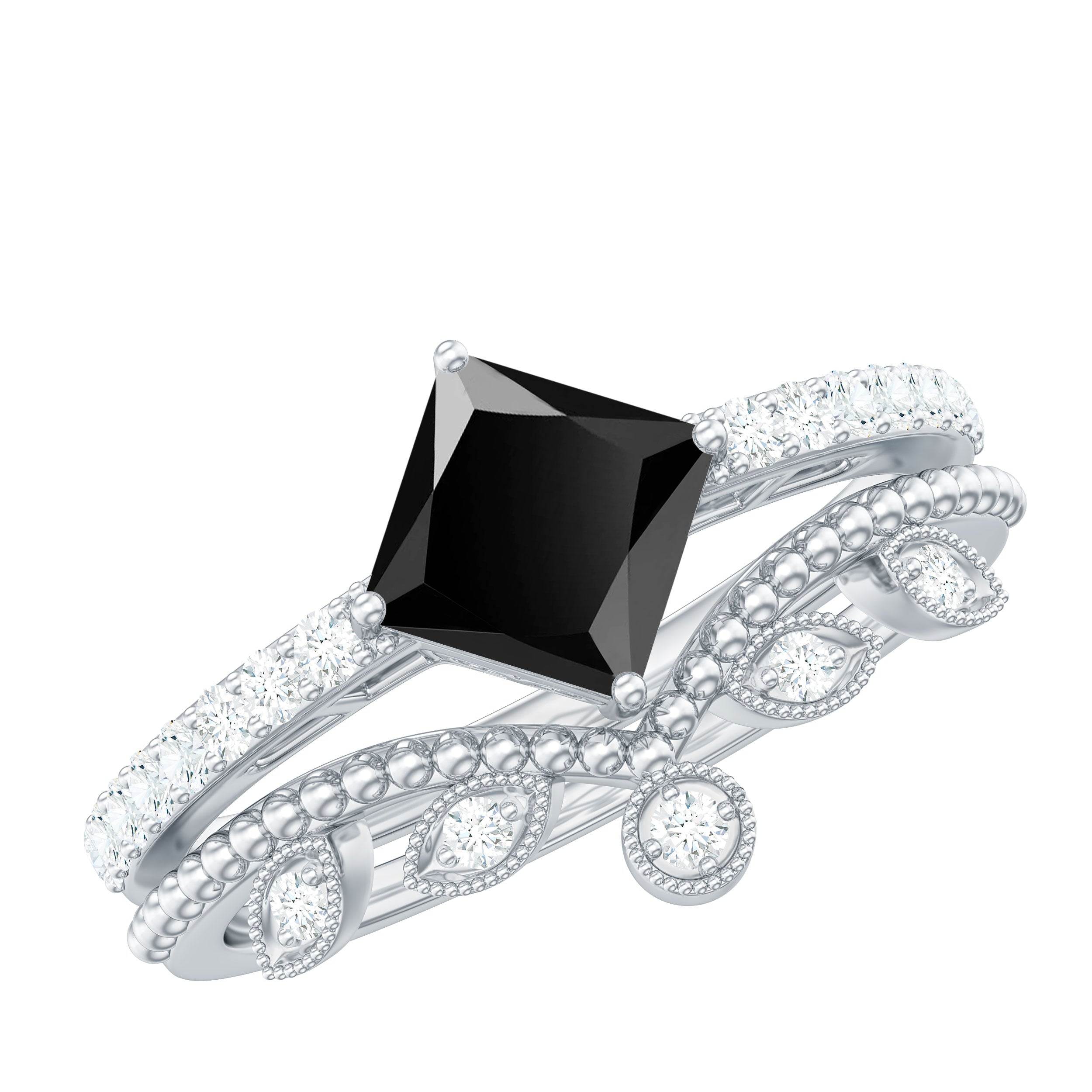 5mm Princess Cut Black Onyx Engagement Ring with Diamond Wedding Band AAA - Rosec Jewels