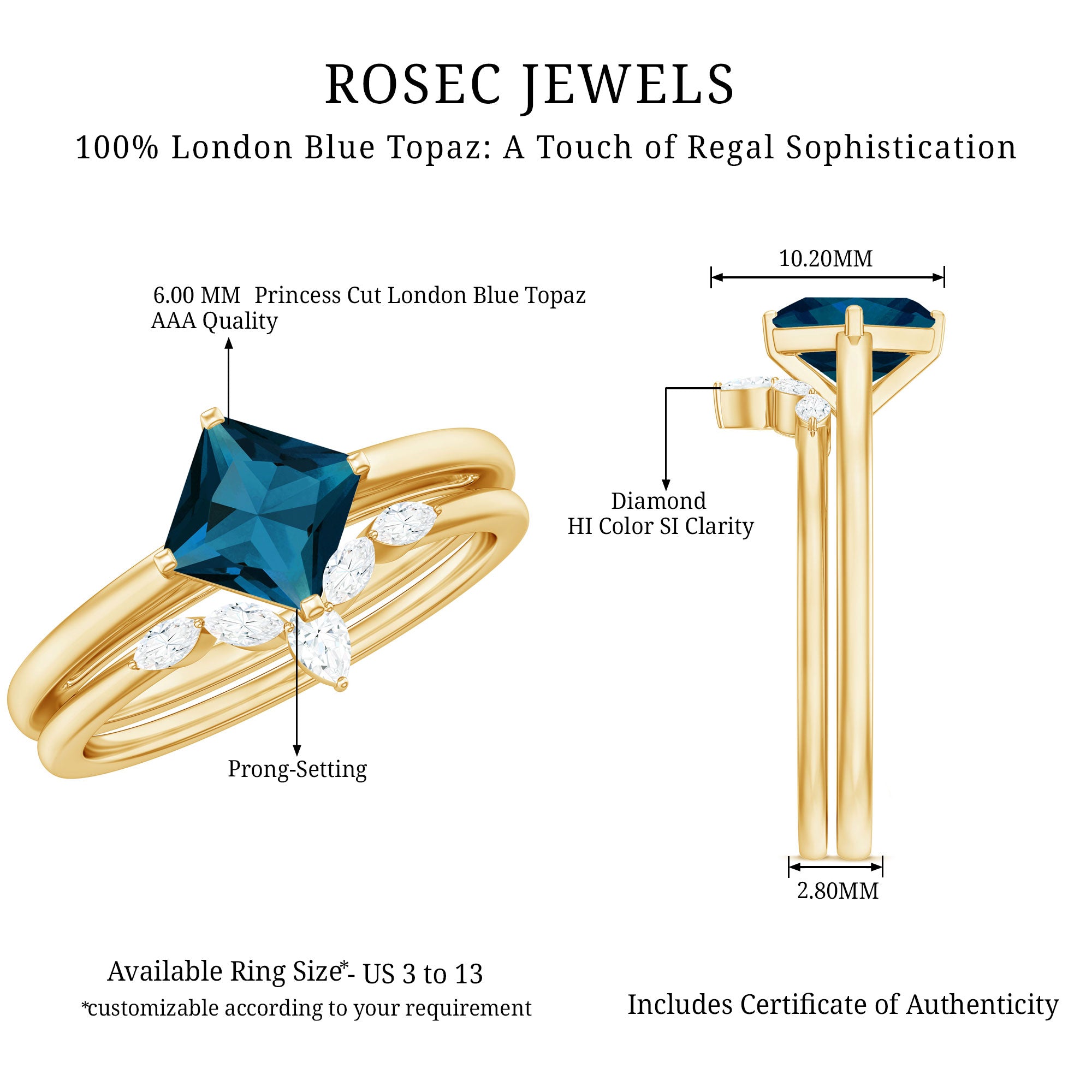 Princess Cut London Blue Topaz Designer Wedding Ring Set for Women AAA - Rosec Jewels