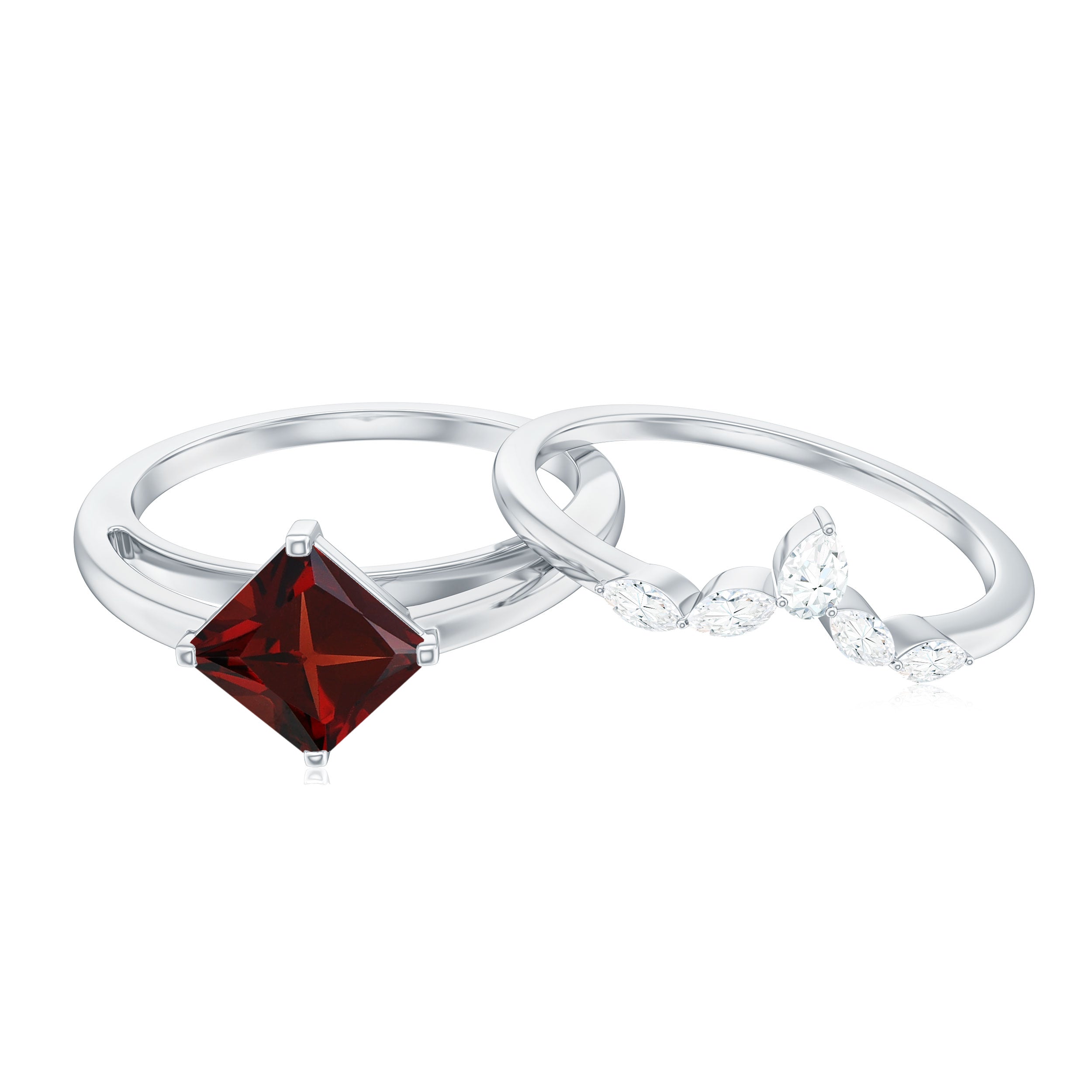 6MM Princess Cut Garnet Solitaire Bridal Ring Set with Diamonds AAA - Rosec Jewels