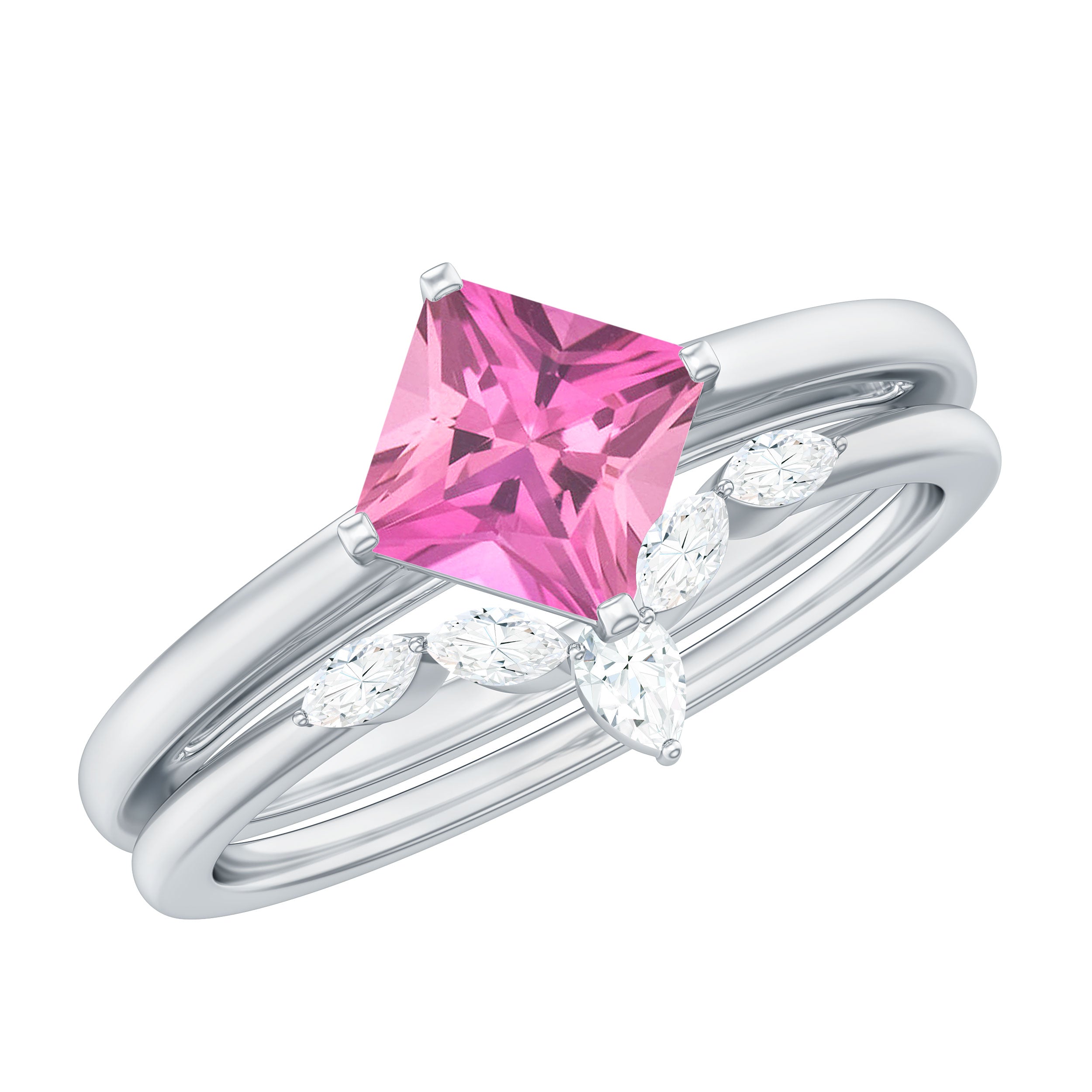 Princess Cut Pink Tourmaline Solitaire Ring Set with Diamond
