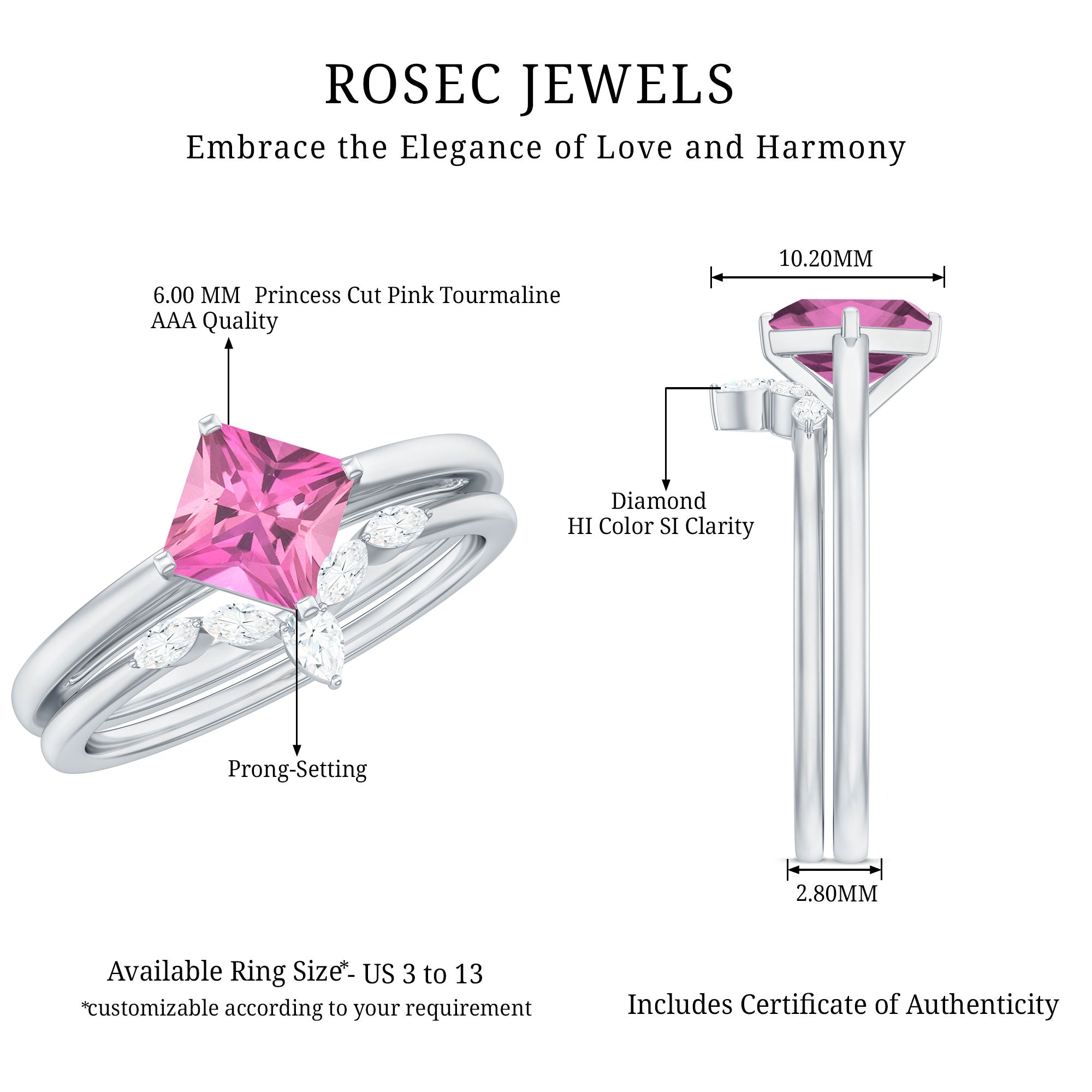 Princess Cut Pink Tourmaline Solitaire Ring Set with Diamond AAA - Rosec Jewels