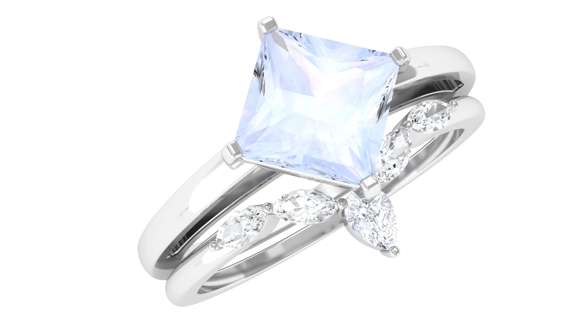 Princess Cut Moonstone and Diamond Solitaire Ring Set