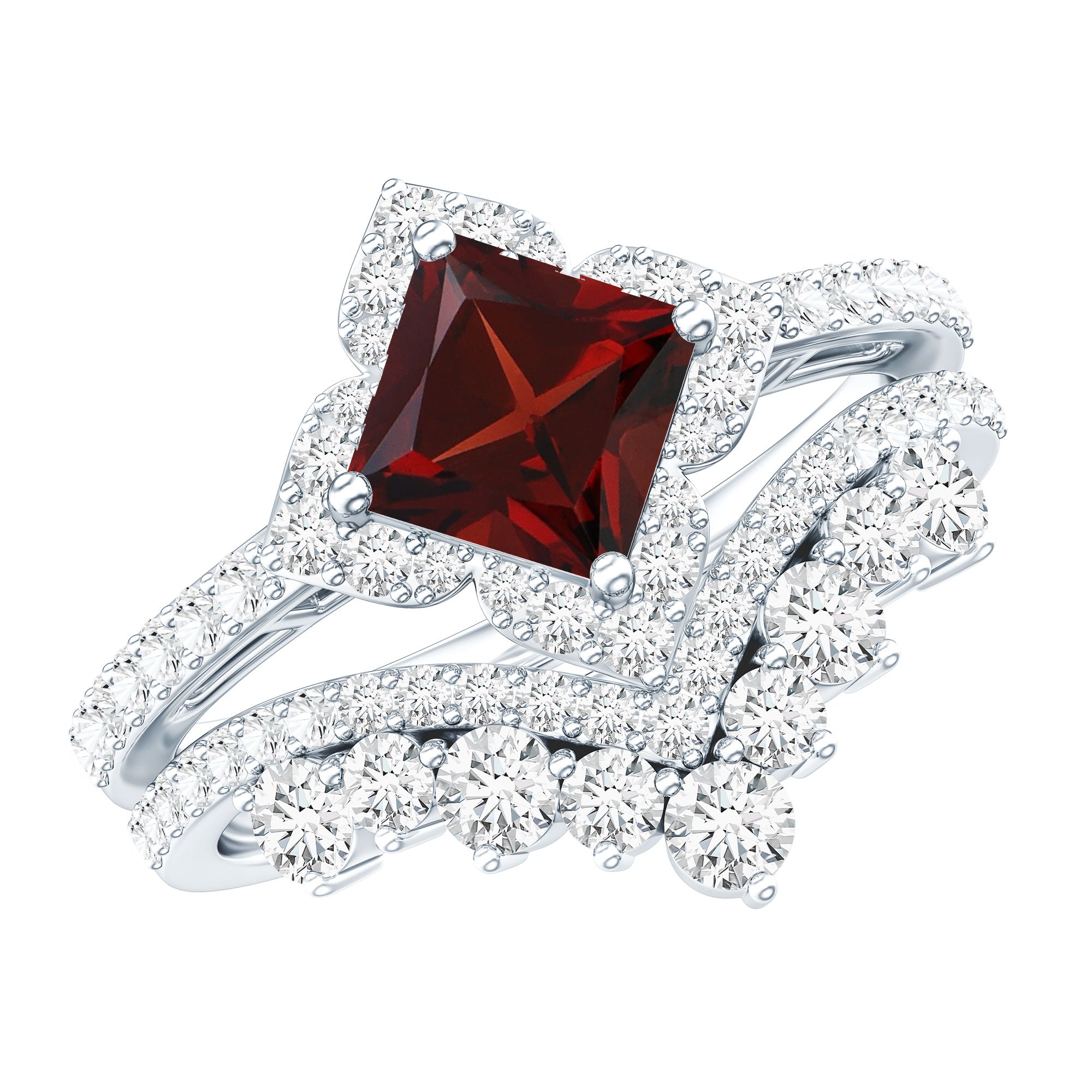 Rosec Jewels-Princess Cut Garnet Designer Wedding Ring Set with Moissanite