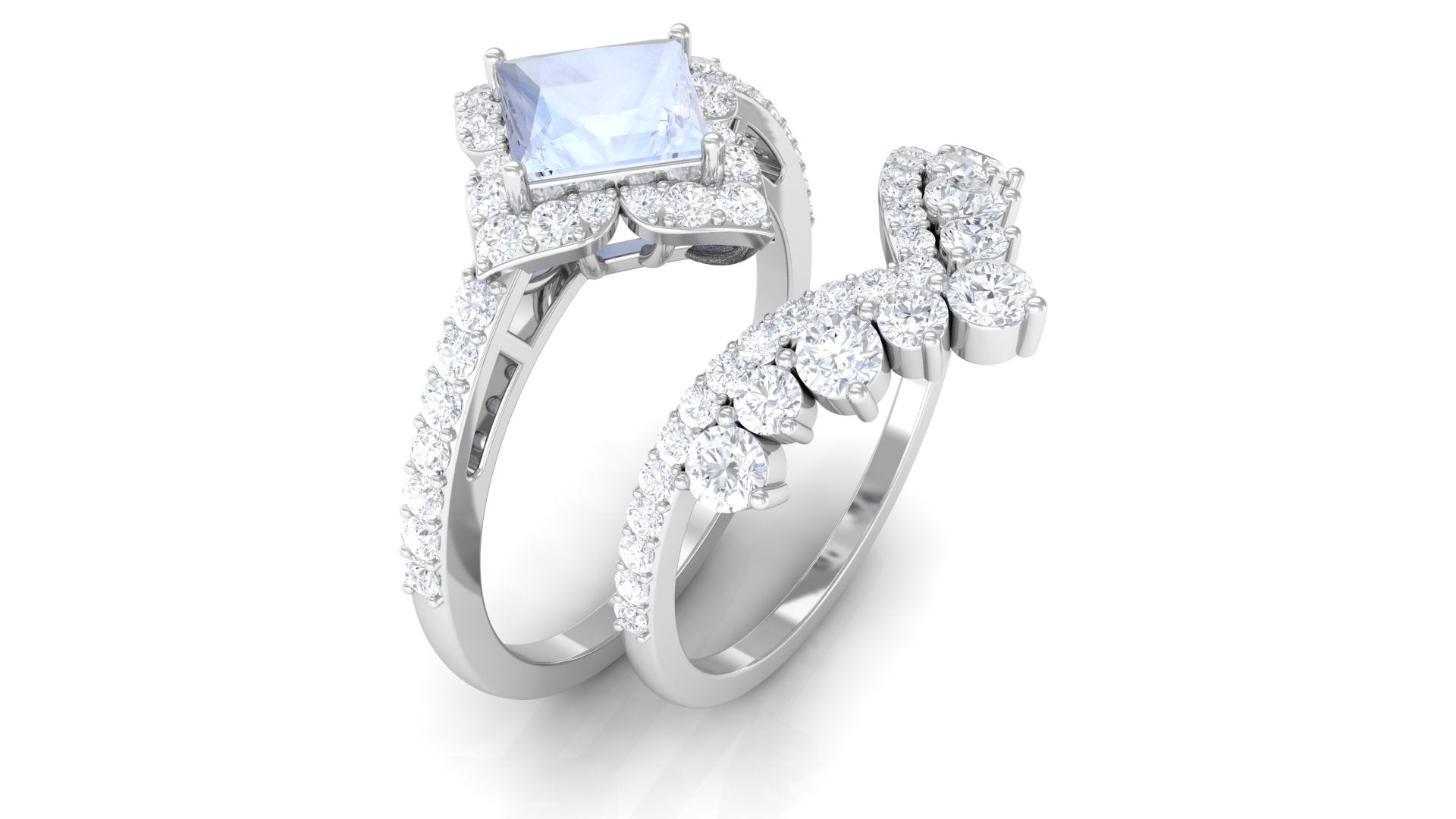 Moonstone and Moissanite Statement Wedding Ring Set AAA - Rosec Jewels