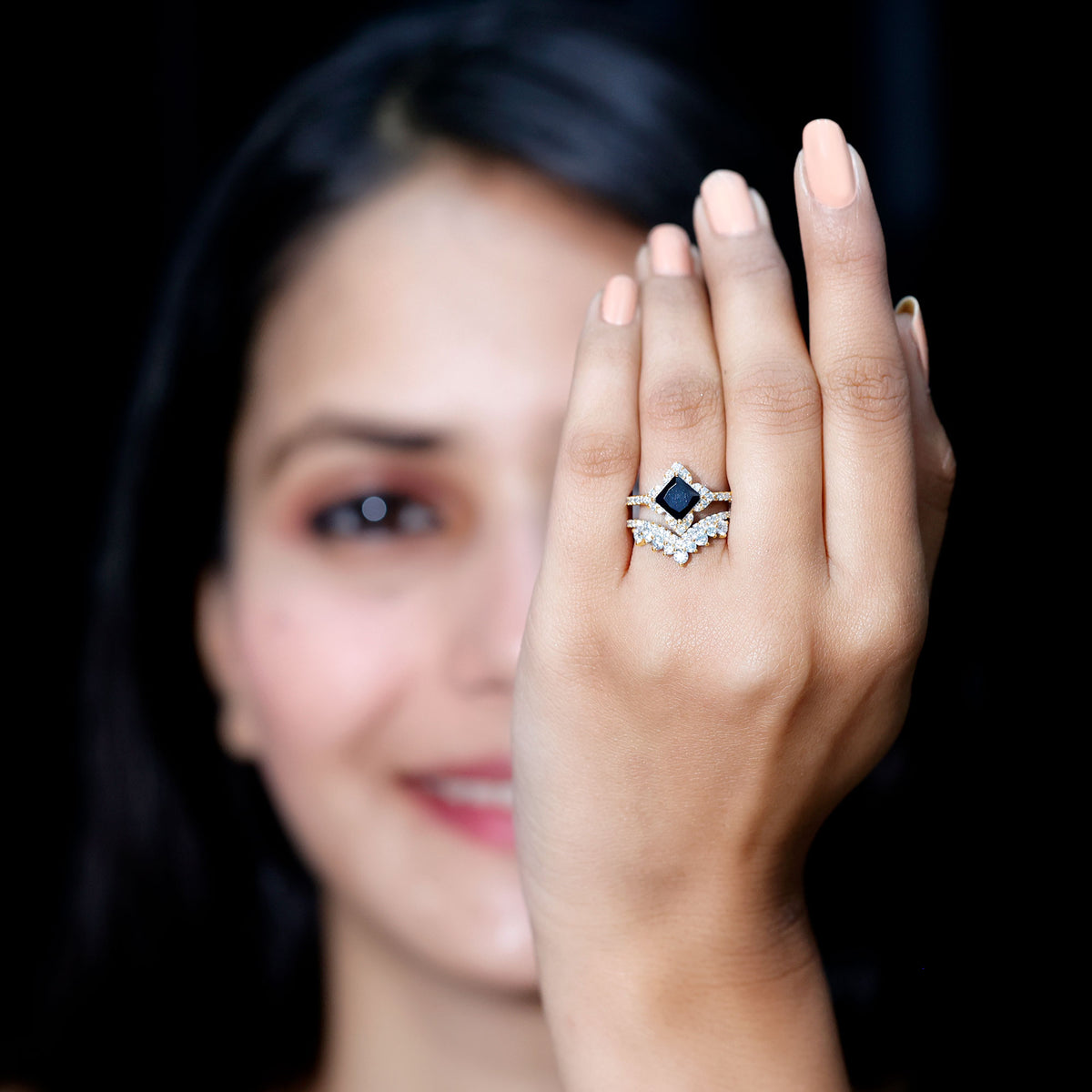 0.5 Carat Black Onyx and Moissanite Statement Wedding Ring Set AAA - Rosec Jewels