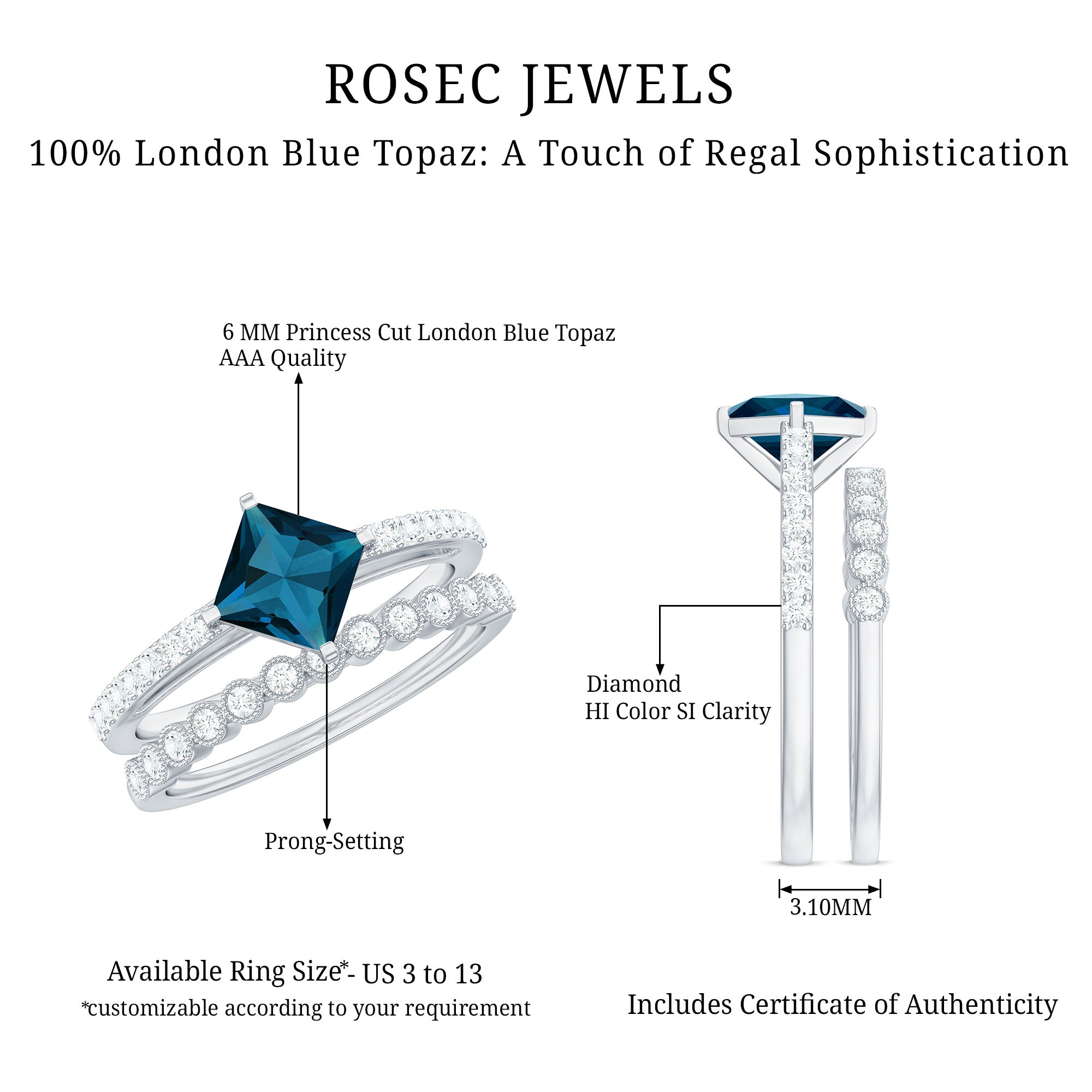 Genuine London Blue Topaz Designer Engagement Ring with Diamond Wedding Band AAA - Rosec Jewels