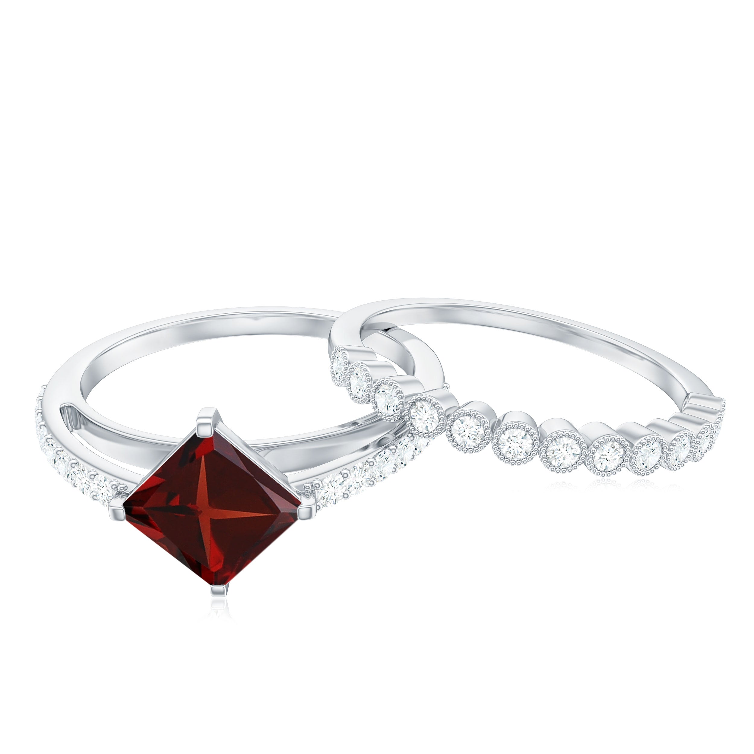 Princess Cut Garnet and Diamond Wedding Ring Set for Women AAA - Rosec Jewels