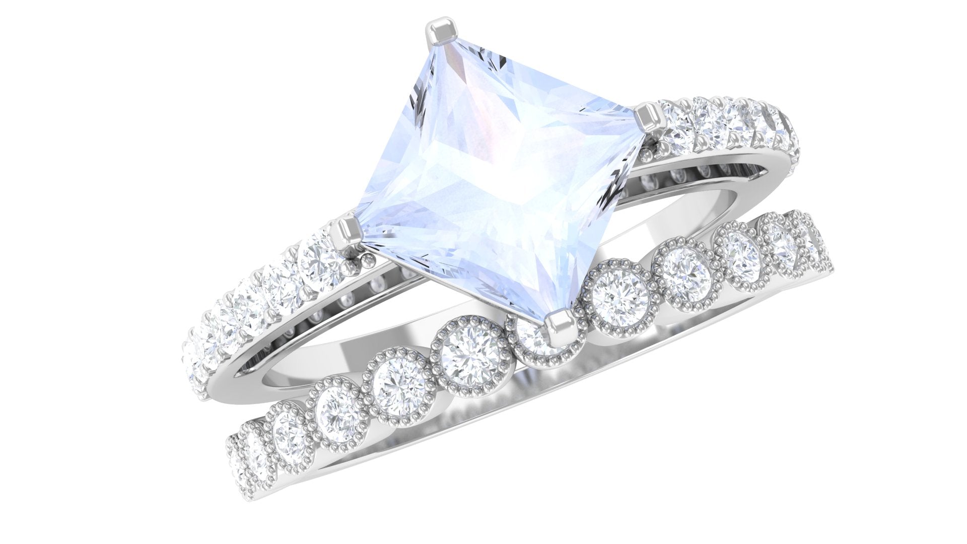 Solitaire Moonstone and Diamond Ring Set