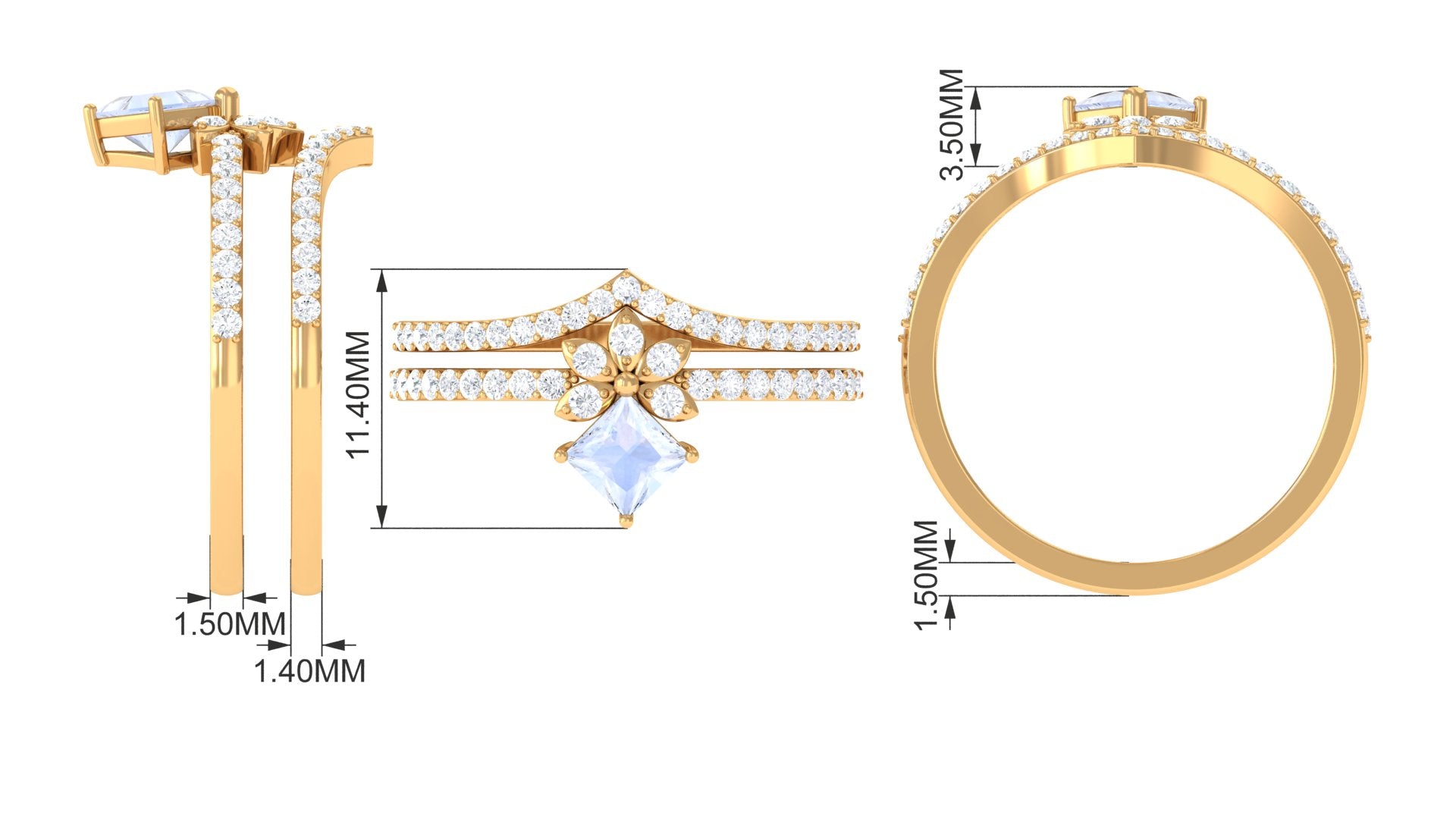 Princess Cut Moonstone and Diamond Flower Ring Set AAA - Rosec Jewels