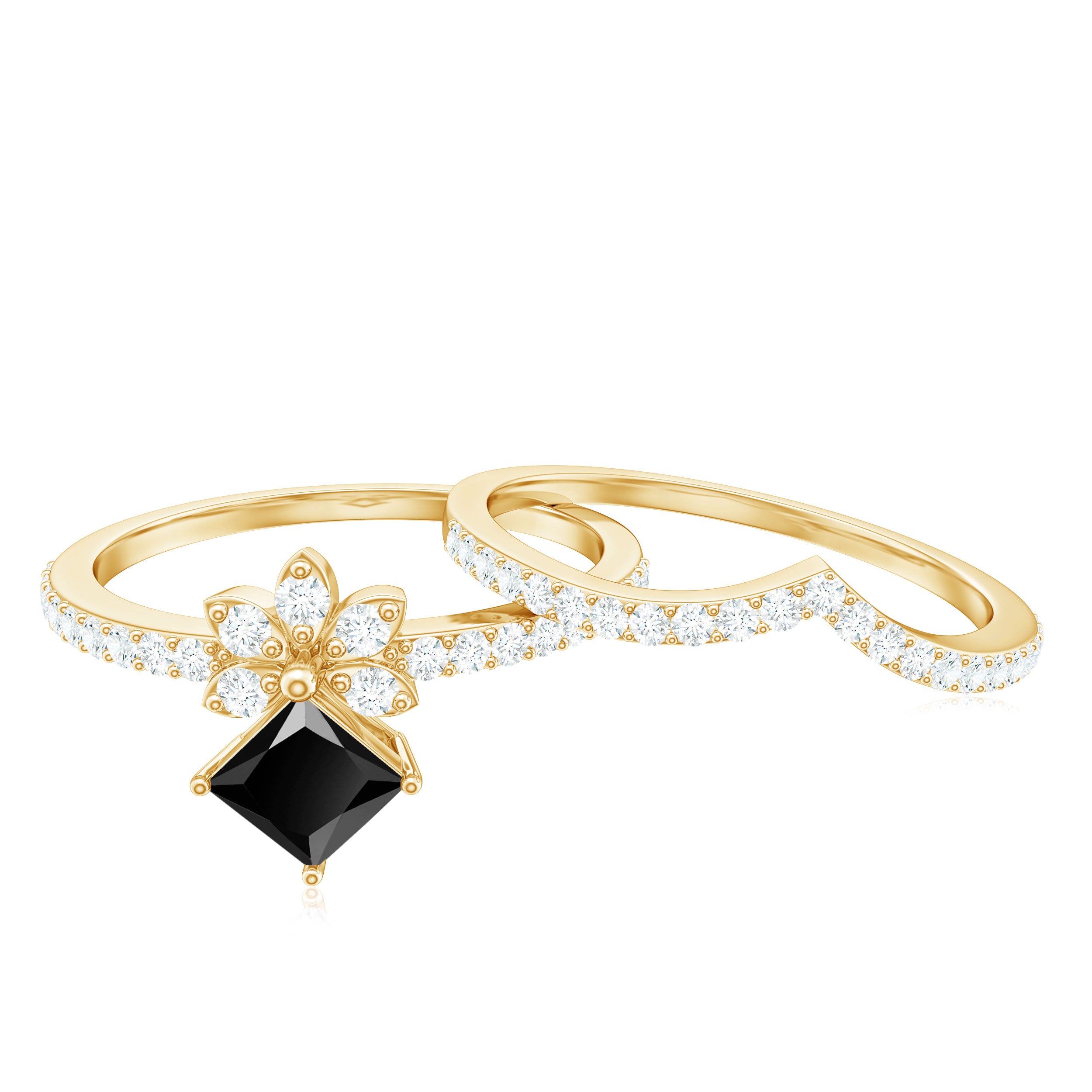 5mm Princess Cut Black Onyx Floral Rings Set with Diamond Band AAA - Rosec Jewels
